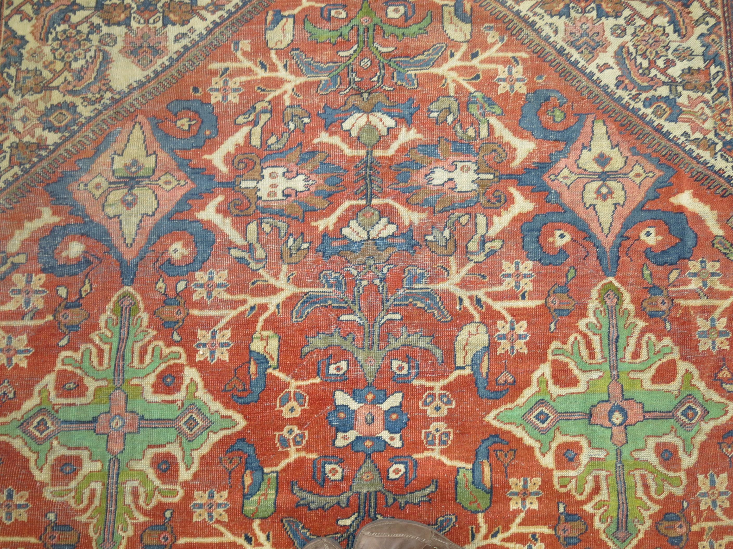 Hand-Knotted Traditional Rust Blue Green Persian Mahal Rug For Sale