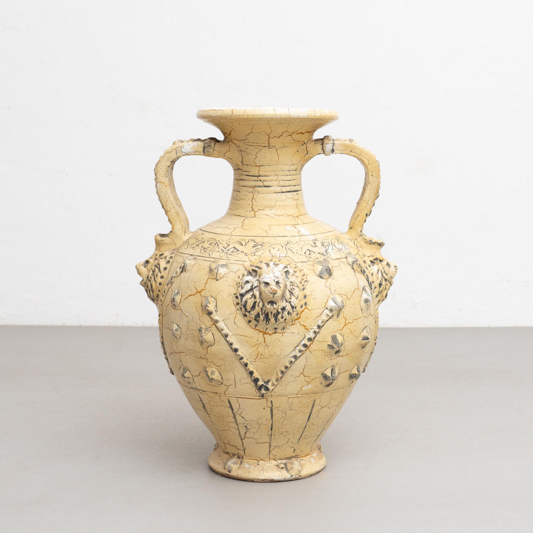 Traditional rustic ceramic vase.

Manufactured in France, circa 1940.

In original condition, with minor wear consistent with age and use, preserving a beautiful patina.