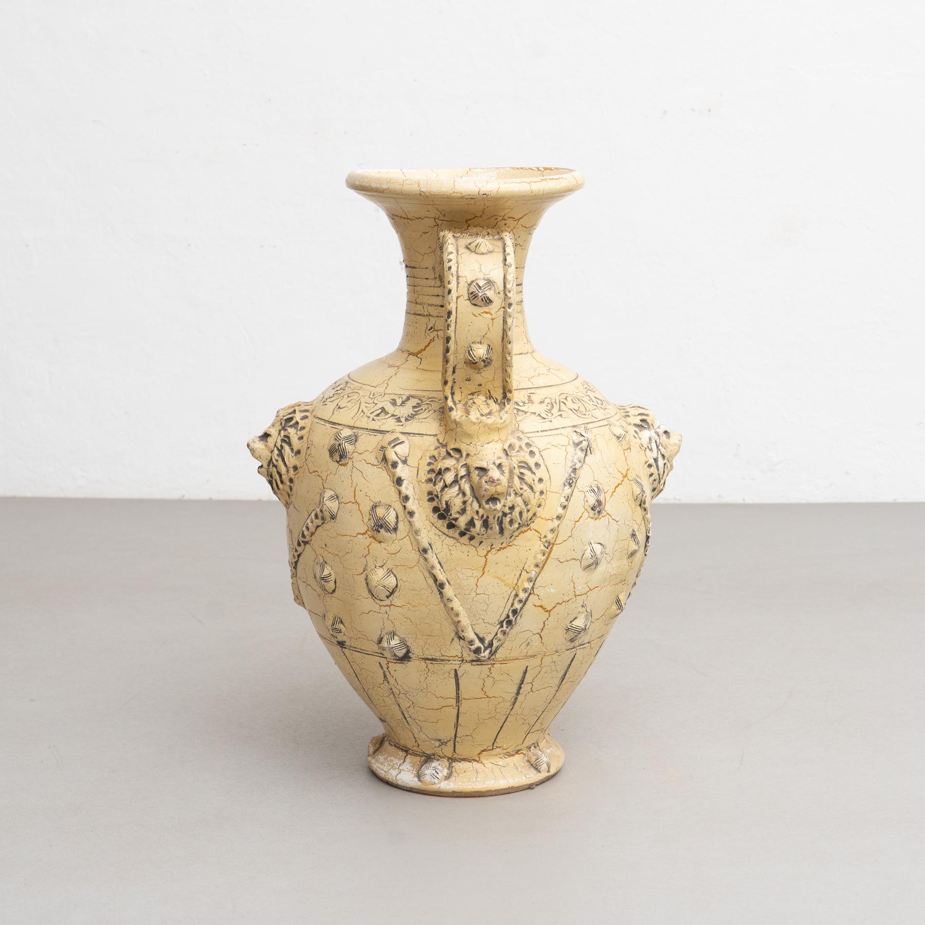 Hand-Painted Traditional Rustic Large Ceramic Vase, circa 1940