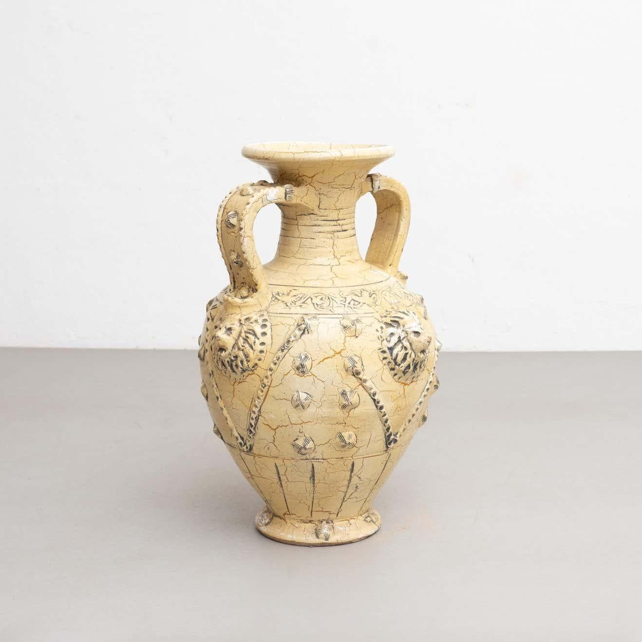 Hand-Painted Traditional Rustic Large Ceramic Vase, circa 1940 For Sale