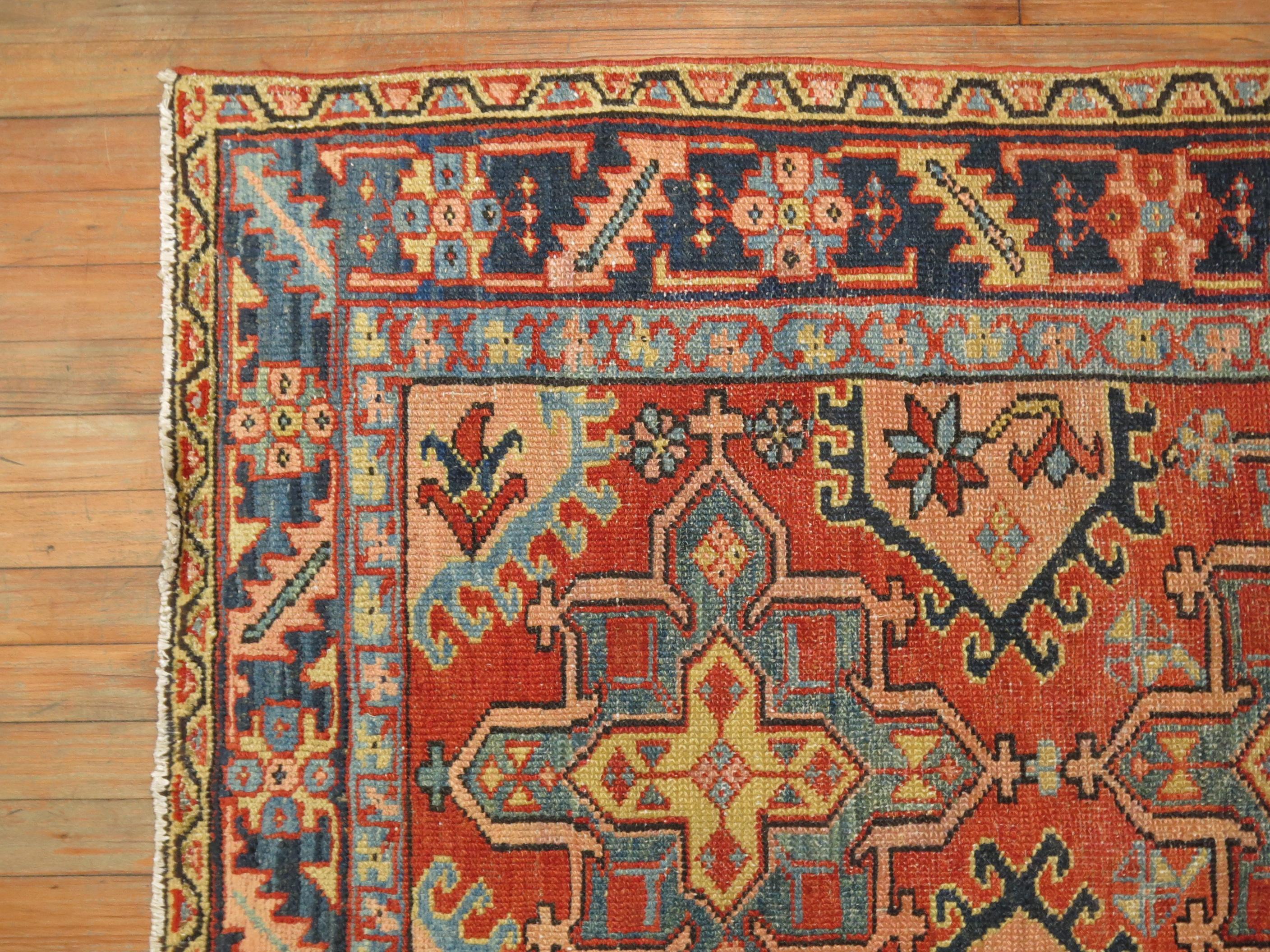 Hand-Woven Traditional Rustic Persian Heriz Scatter Rug, Early 20th Century