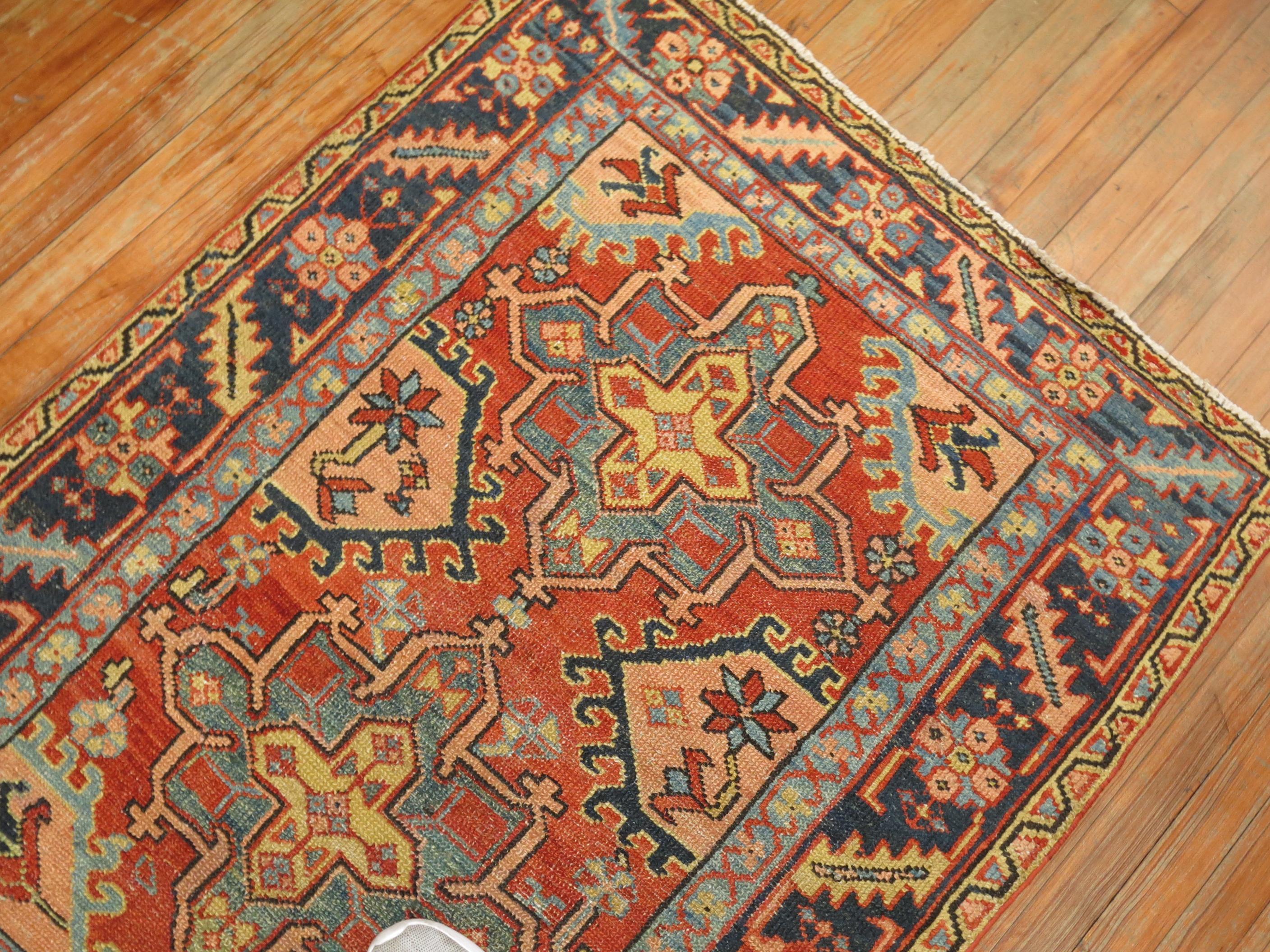 Wool Traditional Rustic Persian Heriz Scatter Rug, Early 20th Century