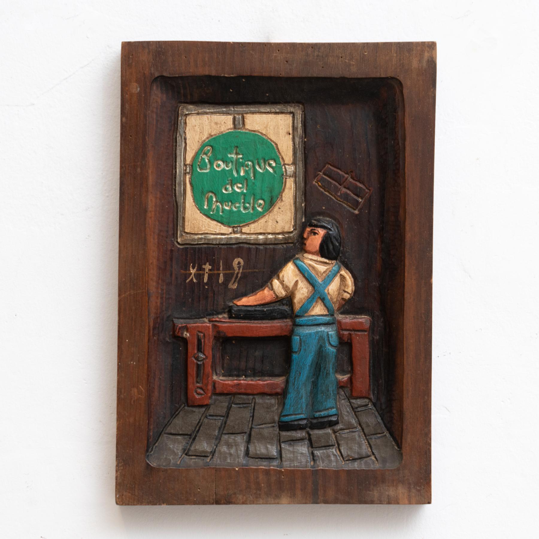 Mid-Century Modern Traditional Rustic Wood Carved Artwork from Spain, circa 1970 For Sale