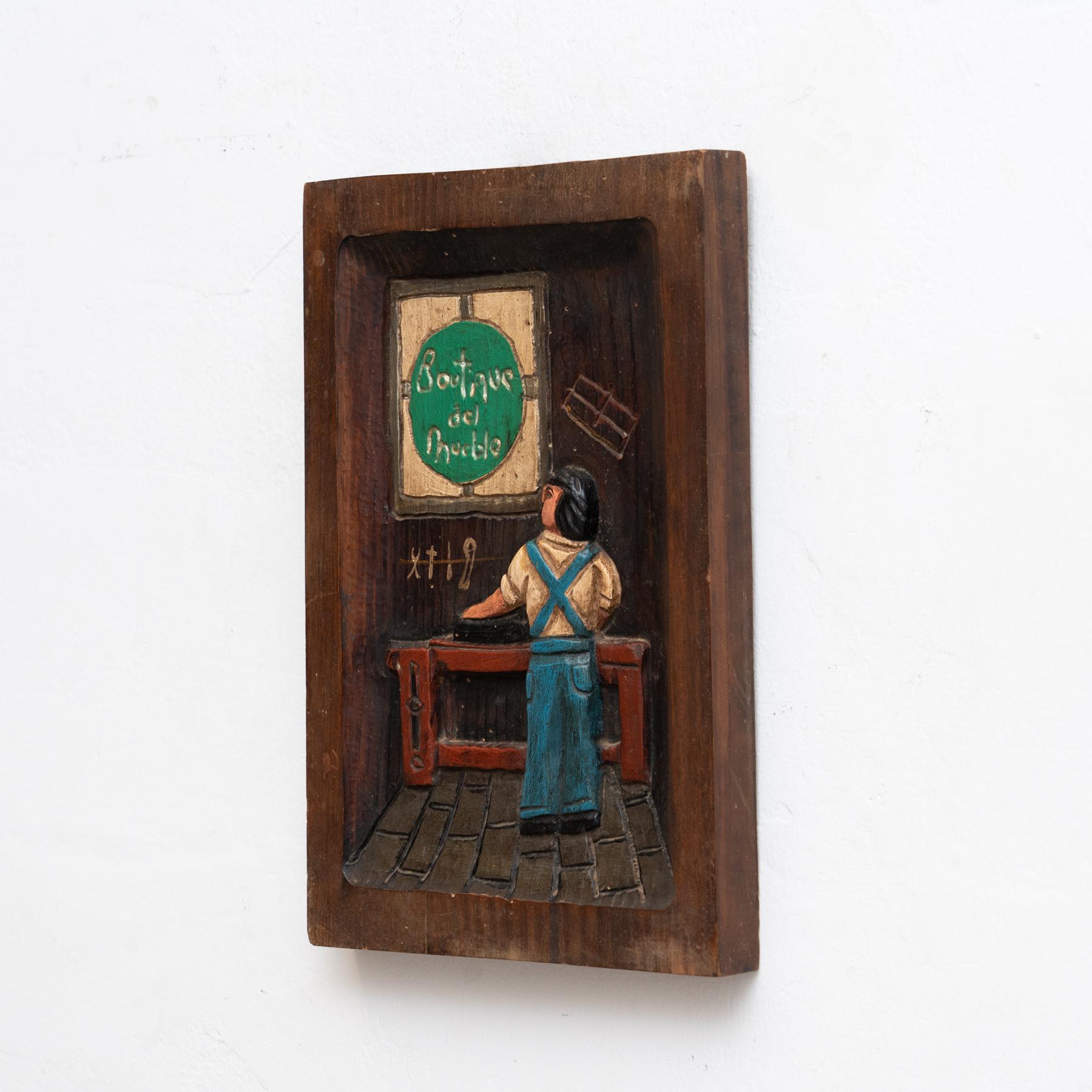 Spanish Traditional Rustic Wood Carved Artwork from Spain, circa 1970 For Sale