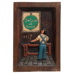 Vintage Traditional Rustic Wood Carved Artwork from Spain, circa 1970