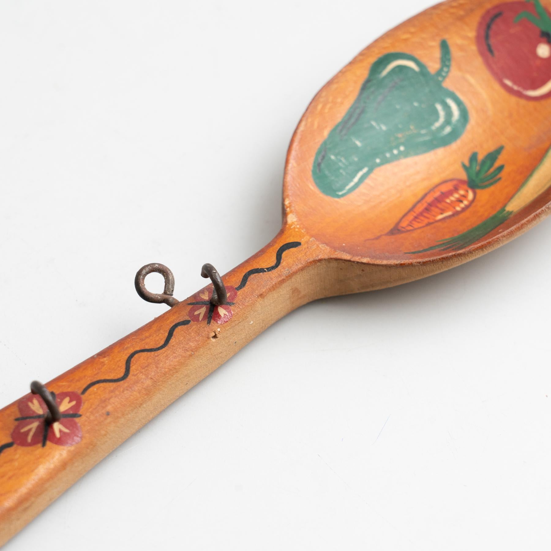 Mid-Century Modern Traditional Rustic Wood Hand Painted Spoon Artwork from Spain, circa 1970 For Sale