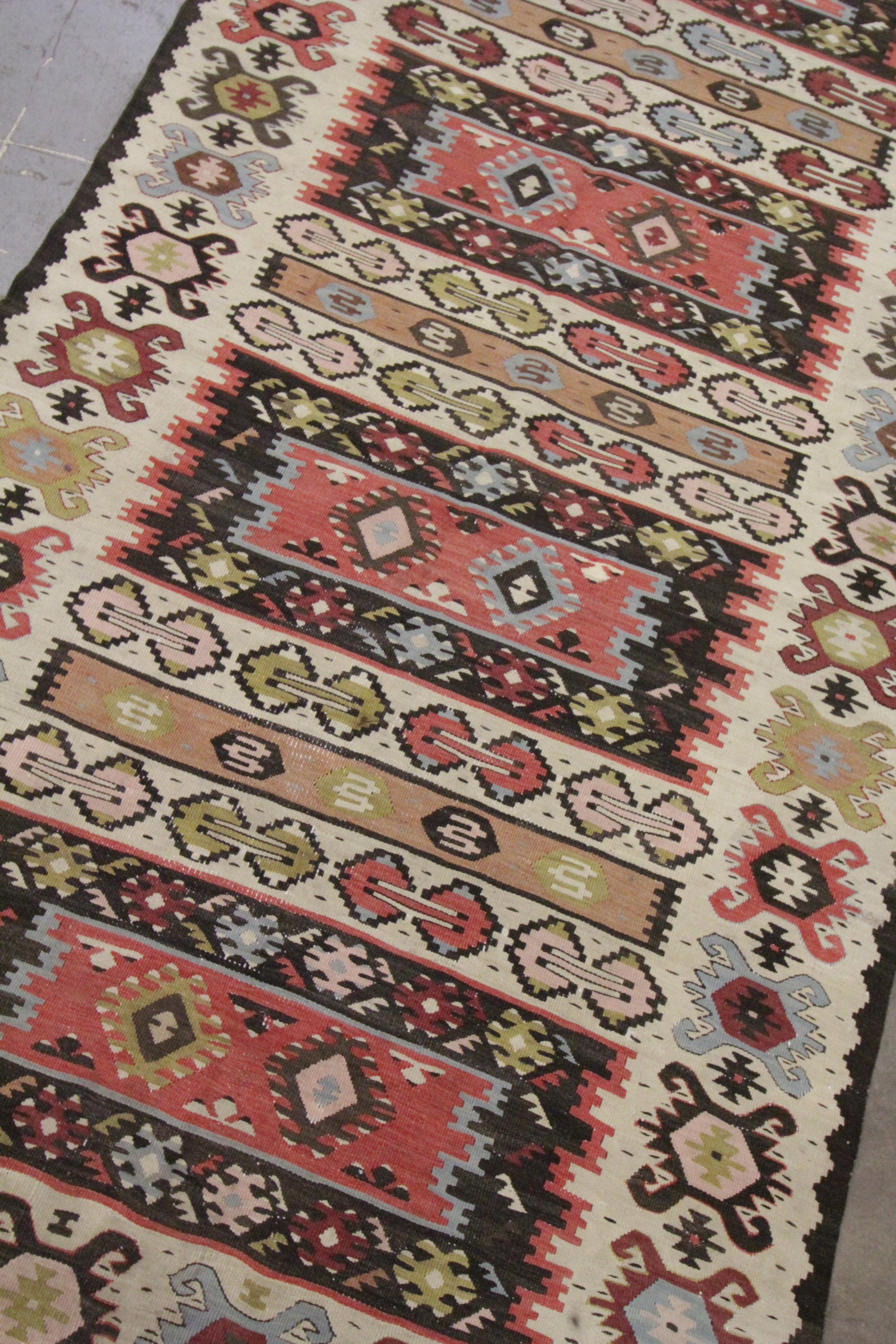 Serbian Traditional Sarkoy Kilim Runner Antique Wool Rug Handwoven Geometric Kilim Rug For Sale