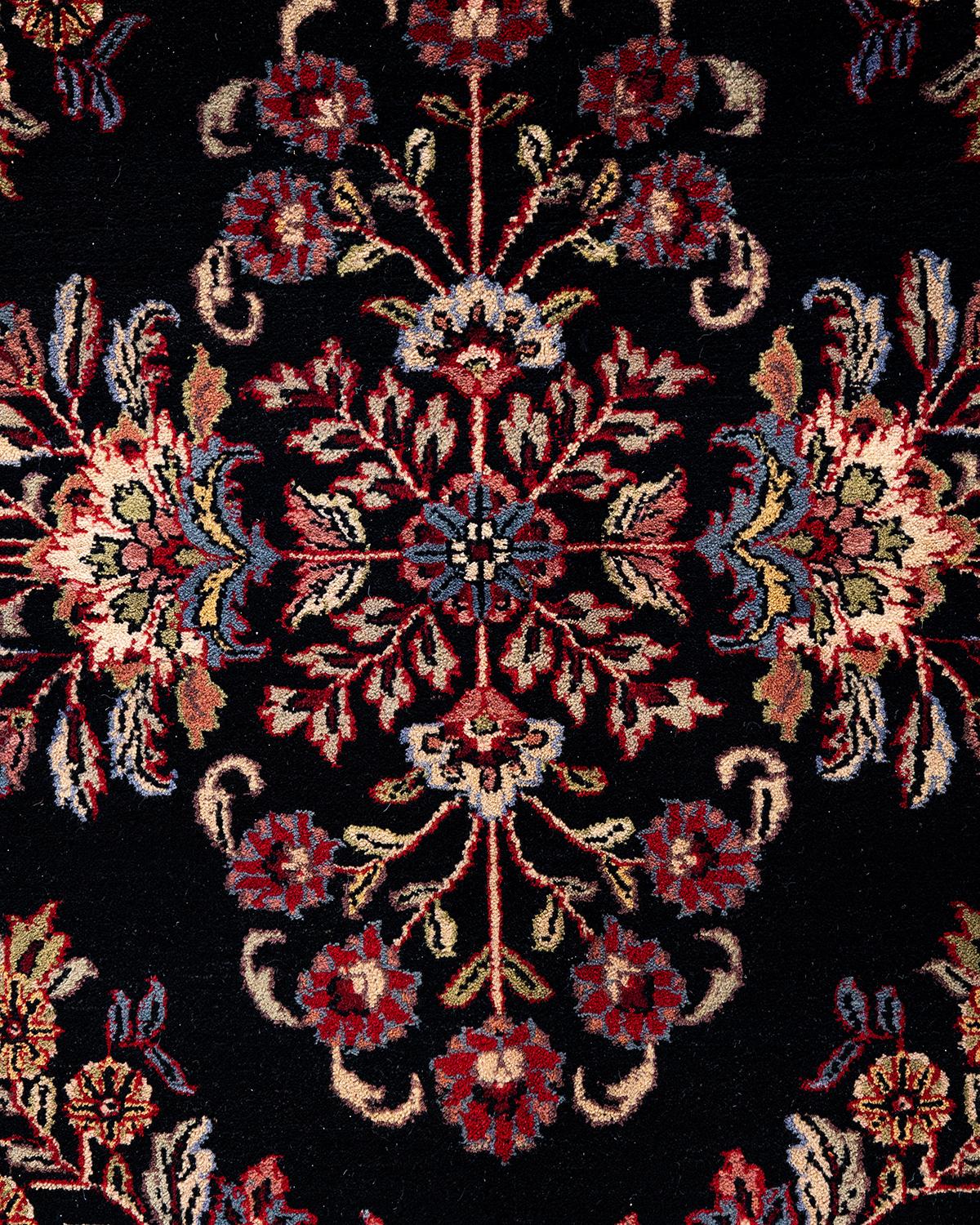 Indien Tapis traditionnel Sarouk en laine noire à fleurs nouées à la main 9' 1