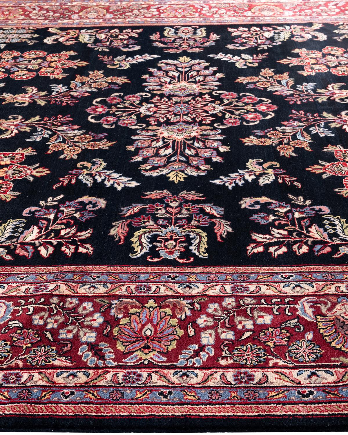Noué à la main Tapis traditionnel Sarouk en laine noire à fleurs nouées à la main 9' 1