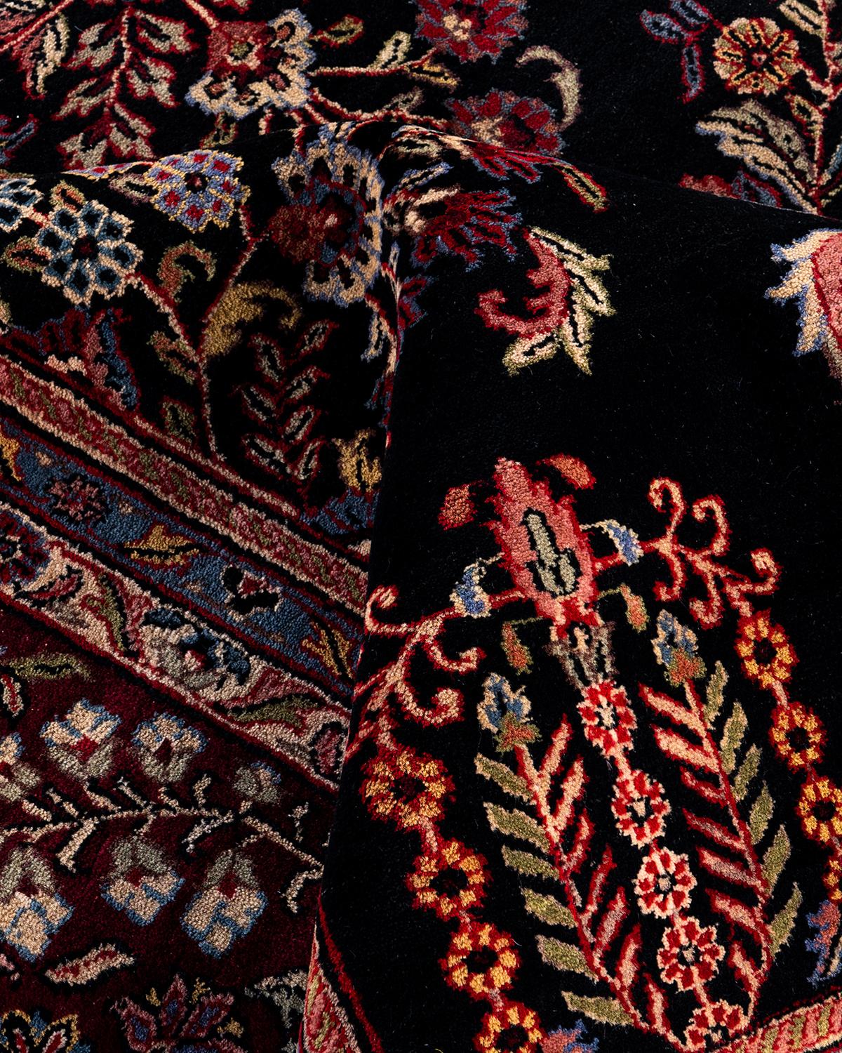 Laine Tapis traditionnel Sarouk en laine noire à fleurs nouées à la main 9' 1