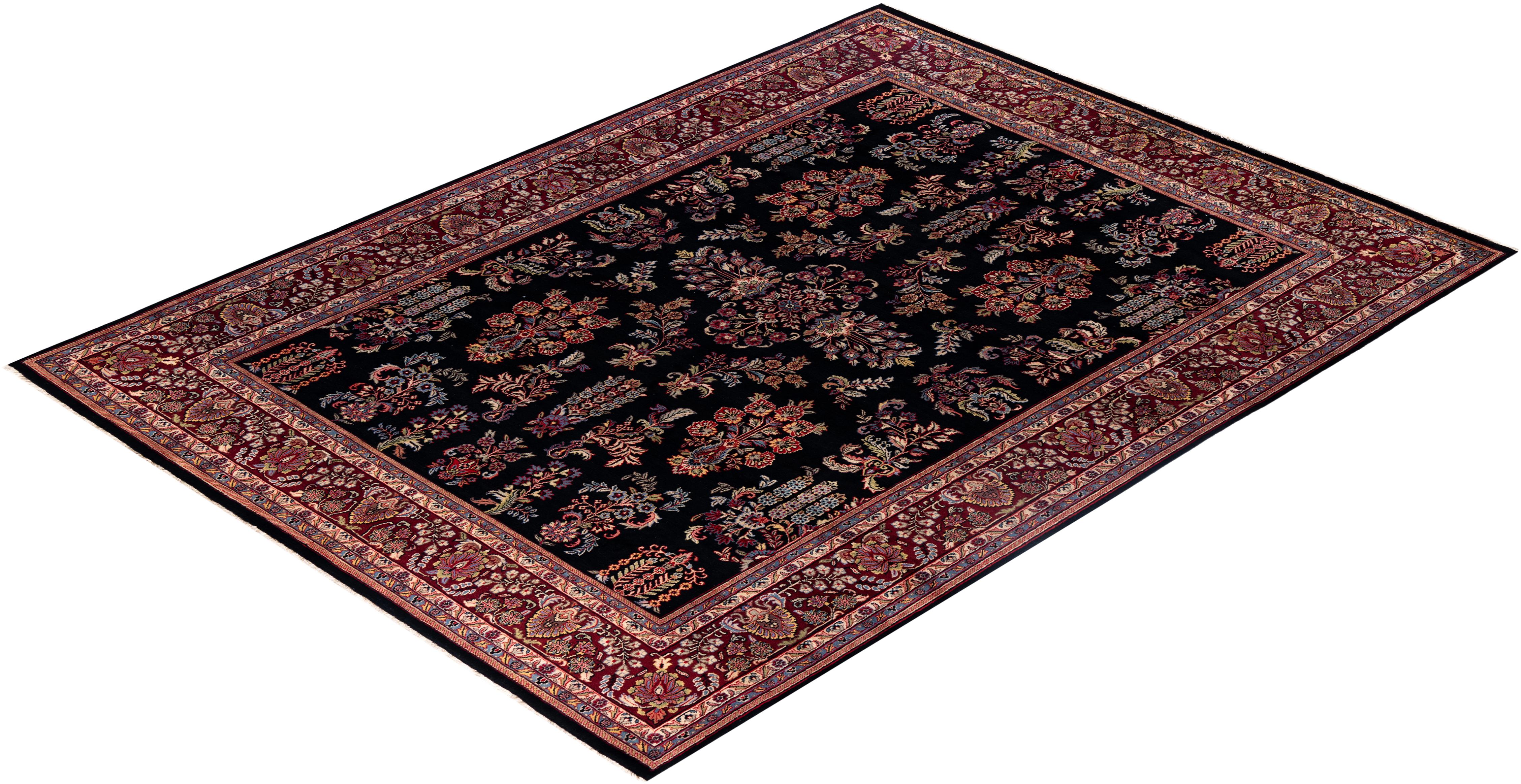 Tapis traditionnel Sarouk en laine noire à fleurs nouées à la main 9' 1