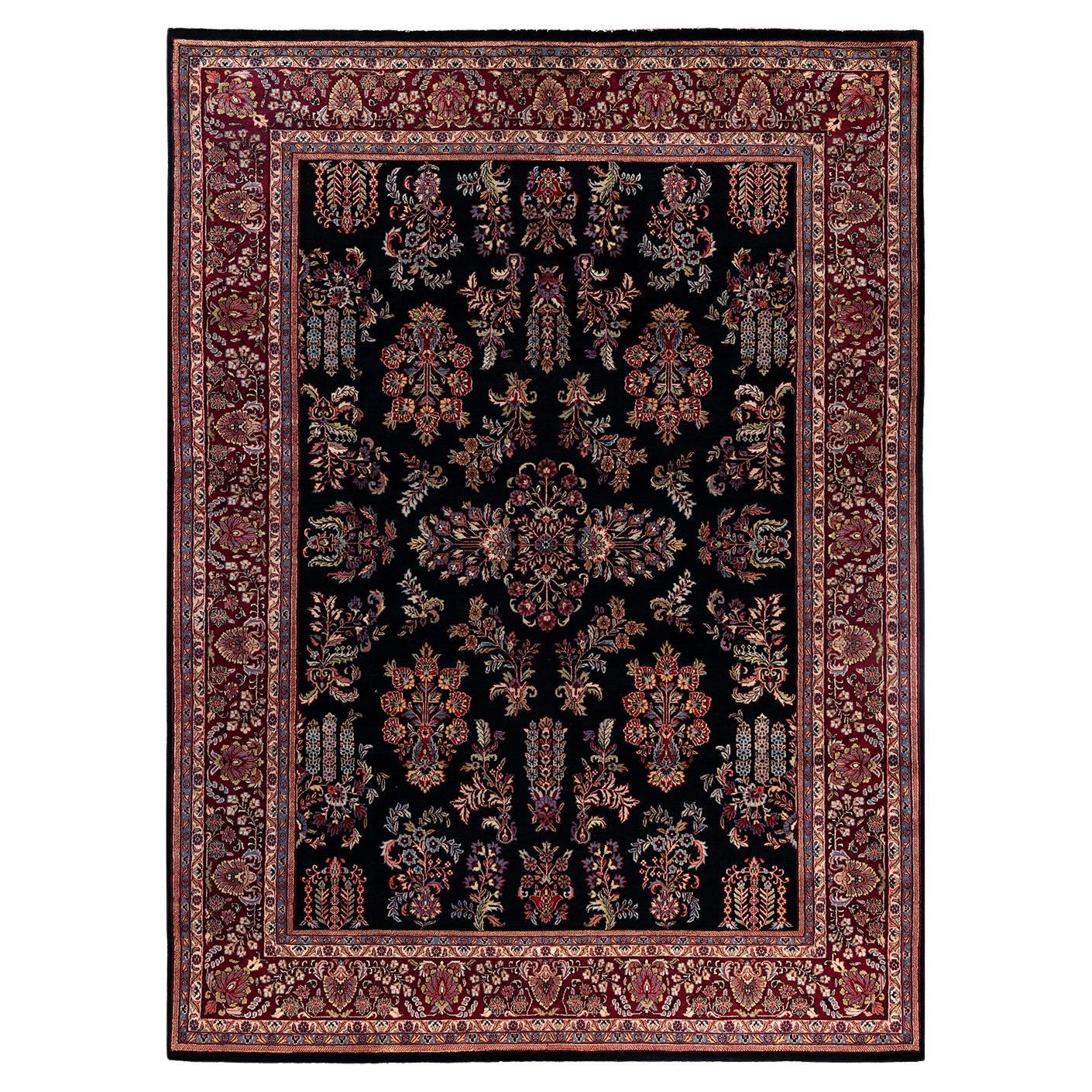 Traditional Sarouk Hand Knotted Floral Wool Black Area Rug 9' 1" x 12' 3"