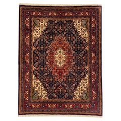 Traditional Sarouk Wool Rug, Rich Navy, Red and Ivory with Floral Detailing, 2x3
