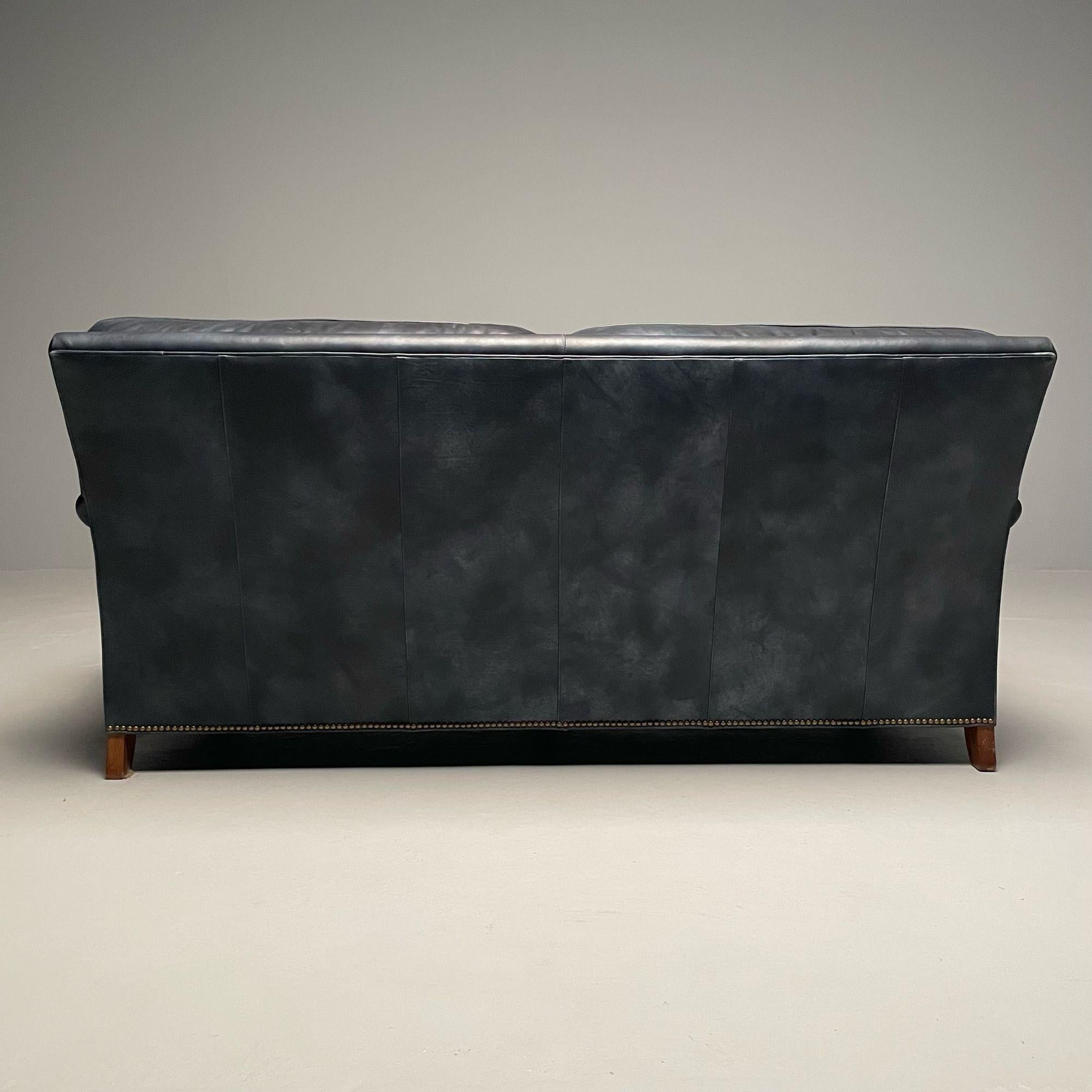 Hancock and Moore, Georgian Scroll Arm Sofa, Dark Blue Distressed Leather, 2000s For Sale 7