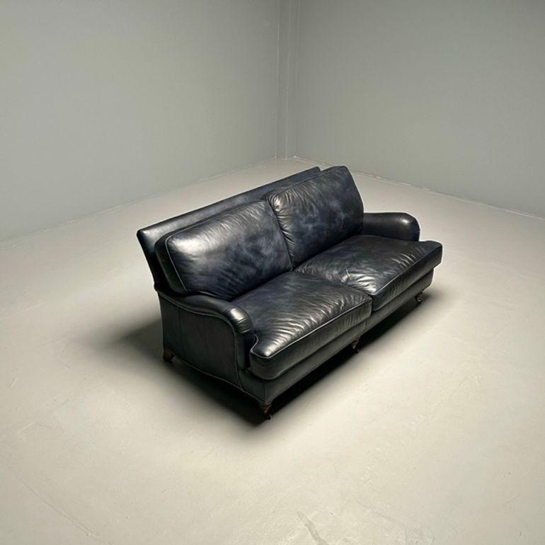 Hancock and Moore, Georgian Scroll Arm Sofa, Dark Blue Distressed Leather, 2000s For Sale 9