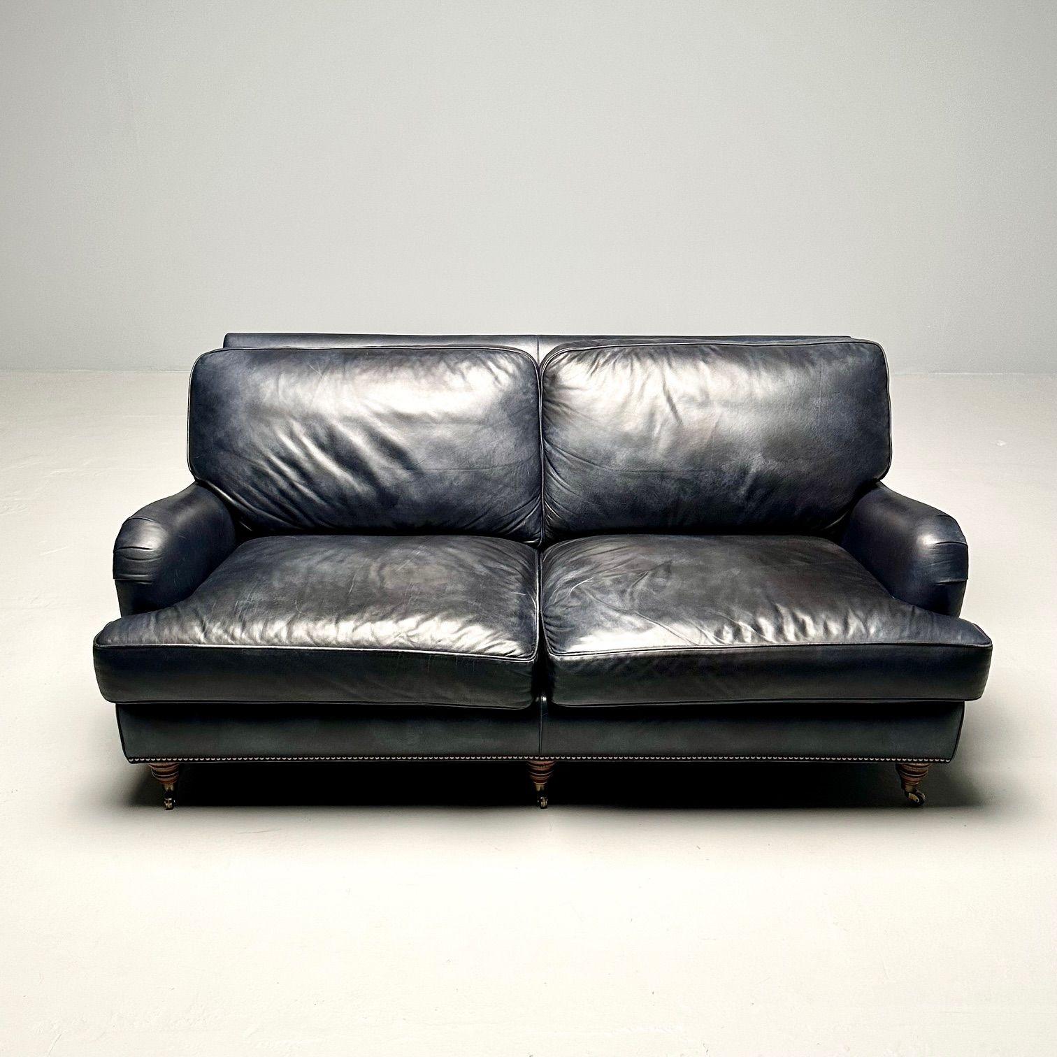 Hancock and Moore, Georgian Scroll Arm Sofa, Dark Blue Distressed Leather, 2000s For Sale 10