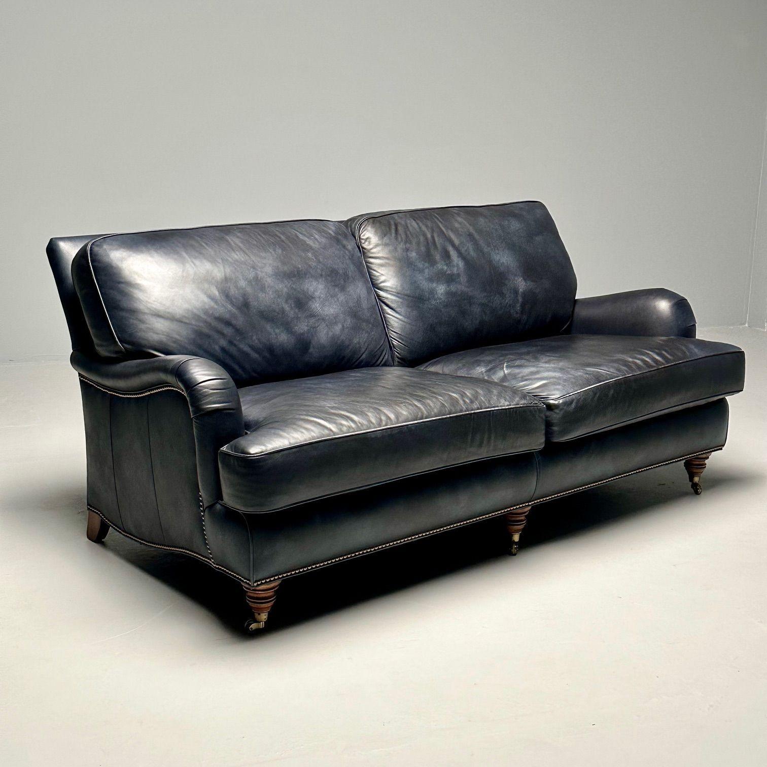 Hancock and Moore, Georgian Scroll Arm Sofa, Dark Blue Distressed Leather, 2000s For Sale 11