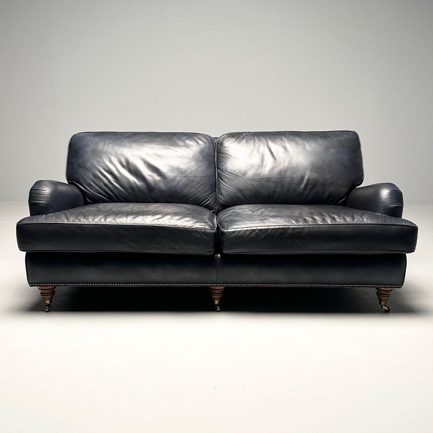 American Hancock and Moore, Georgian Scroll Arm Sofa, Dark Blue Distressed Leather, 2000s For Sale