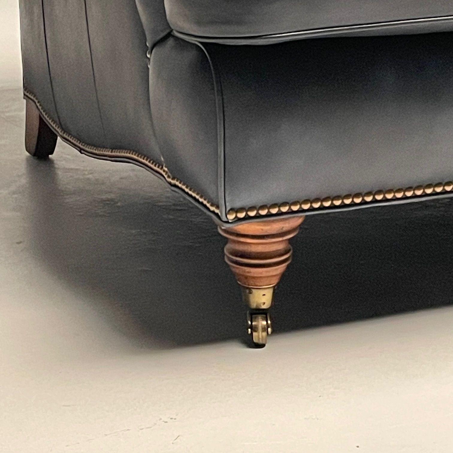 Hancock and Moore, Georgian Scroll Arm Sofa, Dark Blue Distressed Leather, 2000s In Good Condition For Sale In Stamford, CT