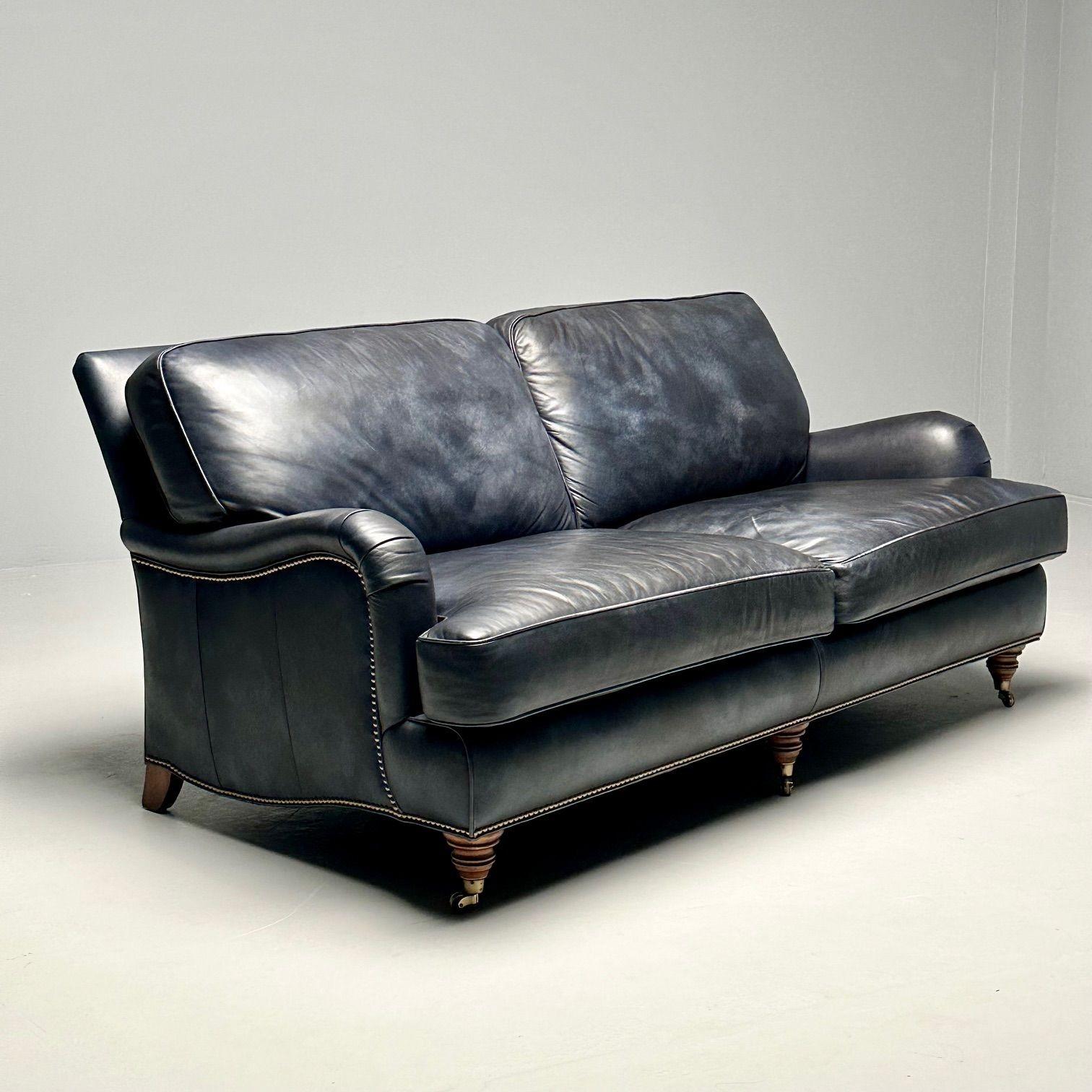 Contemporary Hancock and Moore, Georgian Scroll Arm Sofa, Dark Blue Distressed Leather, 2000s For Sale