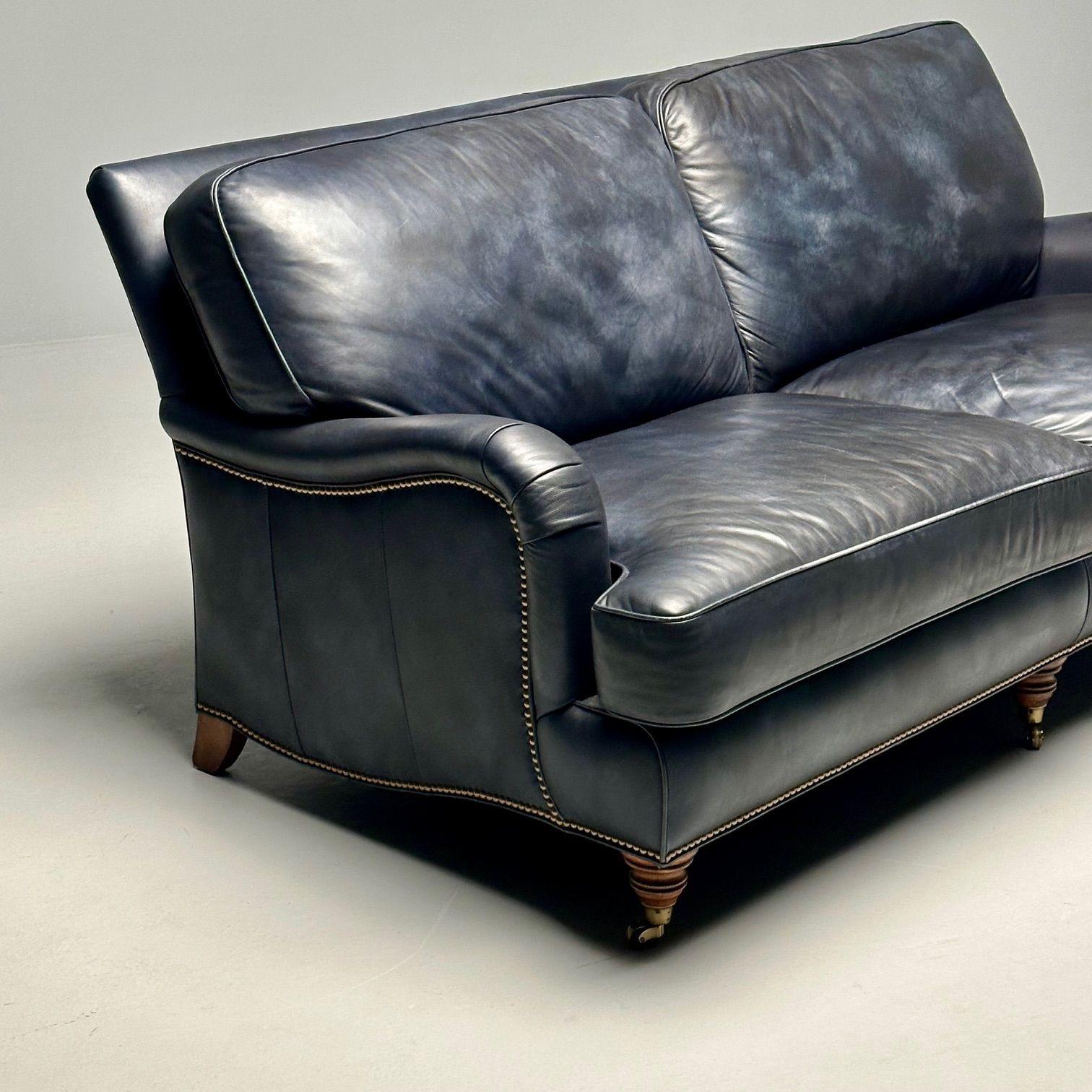 Hancock and Moore, Georgian Scroll Arm Sofa, Dark Blue Distressed Leather, 2000s For Sale 1