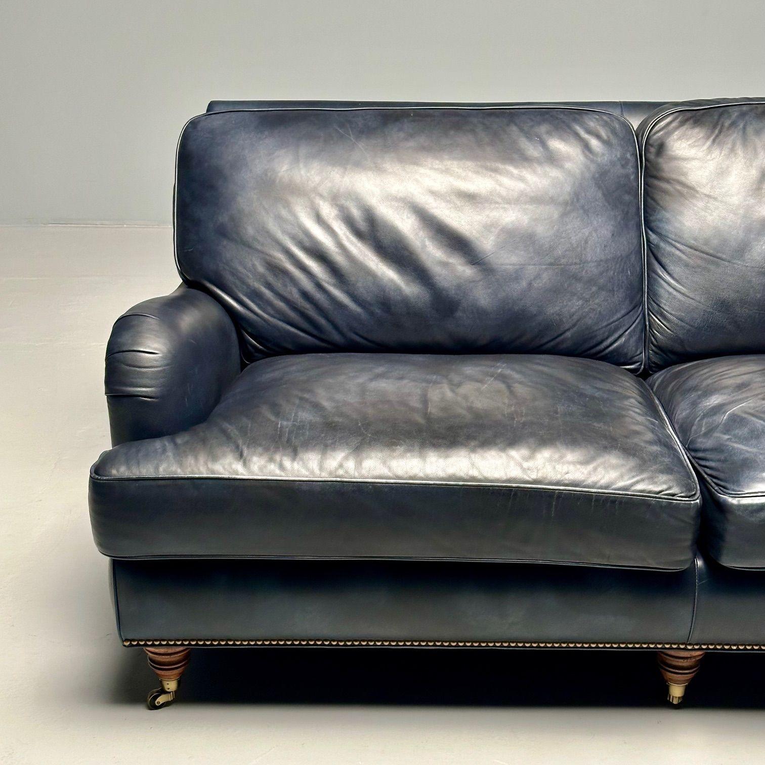 Hancock and Moore, Georgian Scroll Arm Sofa, Dark Blue Distressed Leather, 2000s For Sale 2