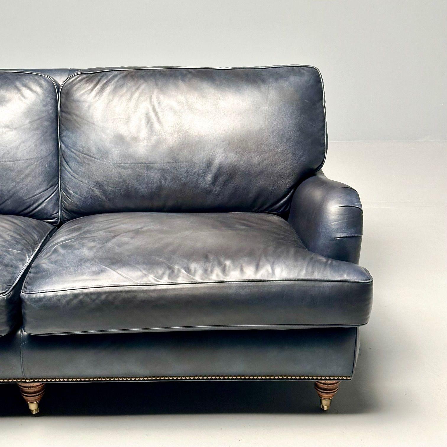 Hancock and Moore, Georgian Scroll Arm Sofa, Dark Blue Distressed Leather, 2000s For Sale 3
