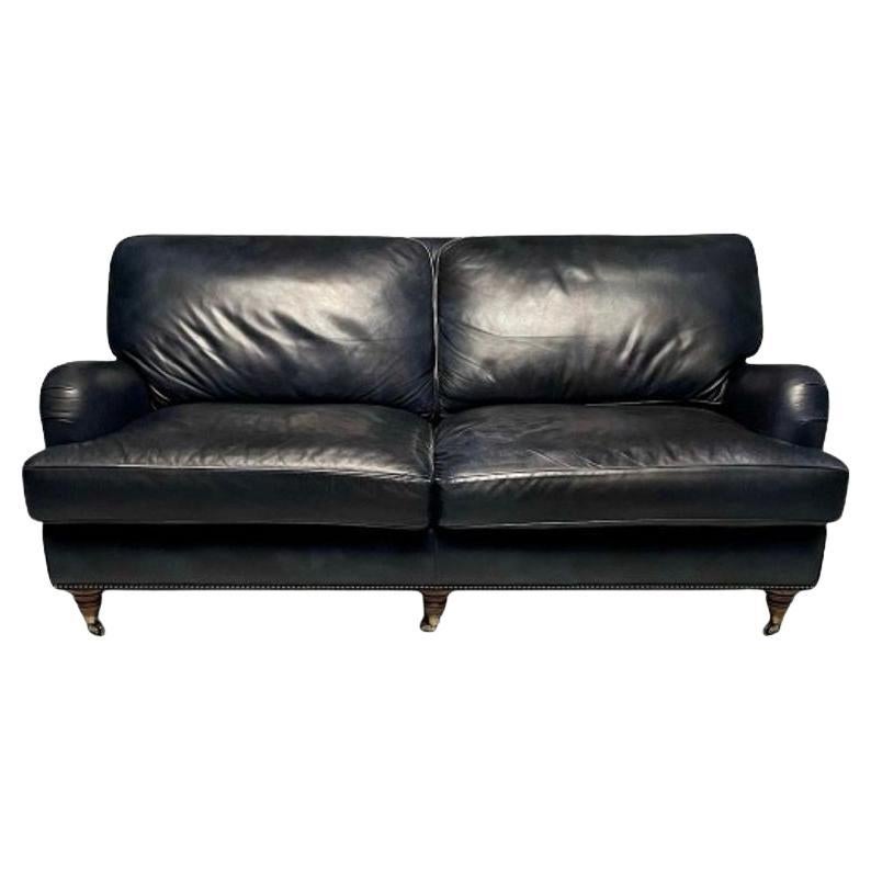 Hancock and Moore, Georgian Scroll Arm Sofa, Dark Blue Distressed Leather, 2000s For Sale