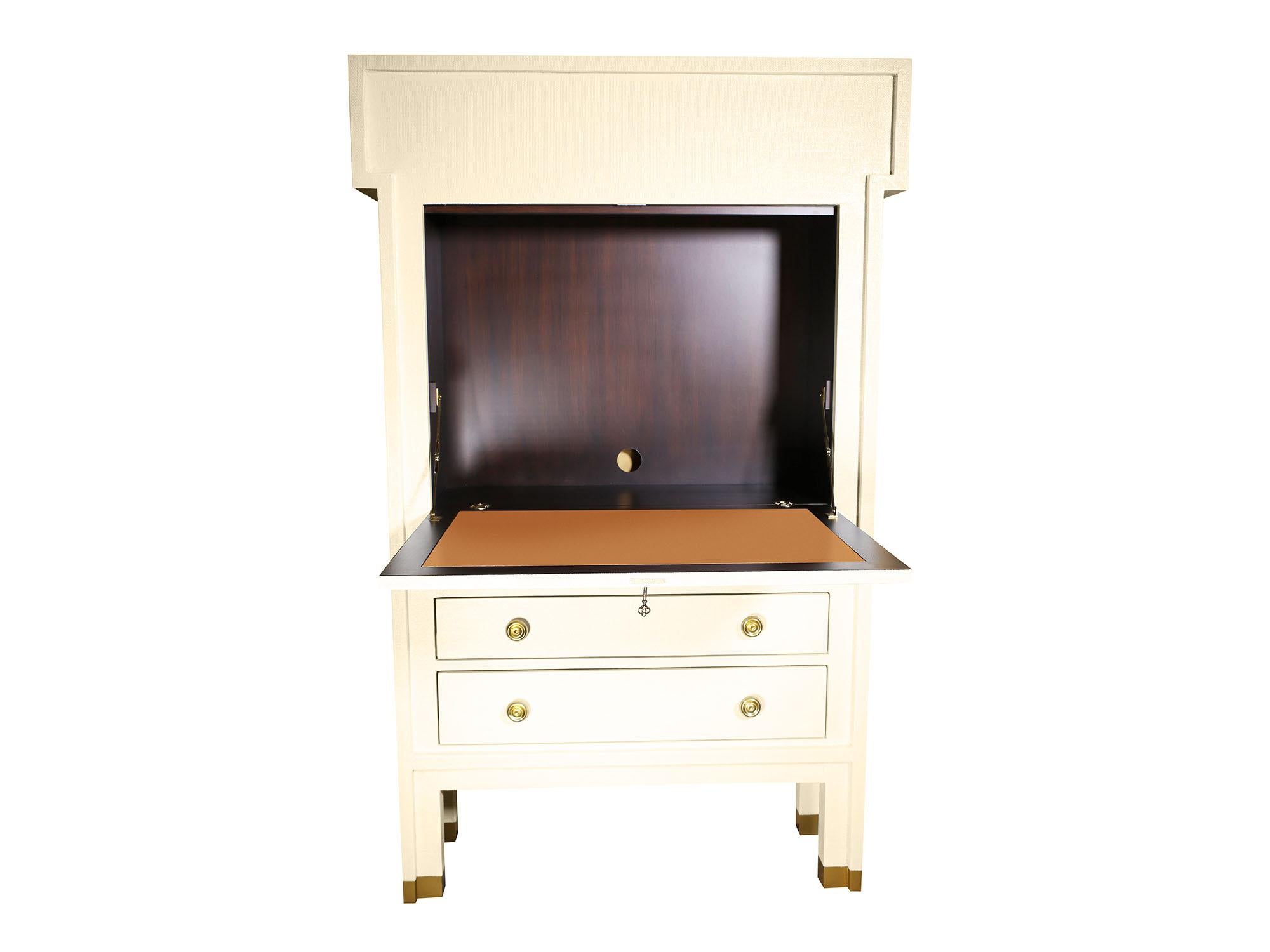 American Traditional Secrétaire Pull-Down Writing Desk Ivory-Lacquered Linen Handcrafted For Sale