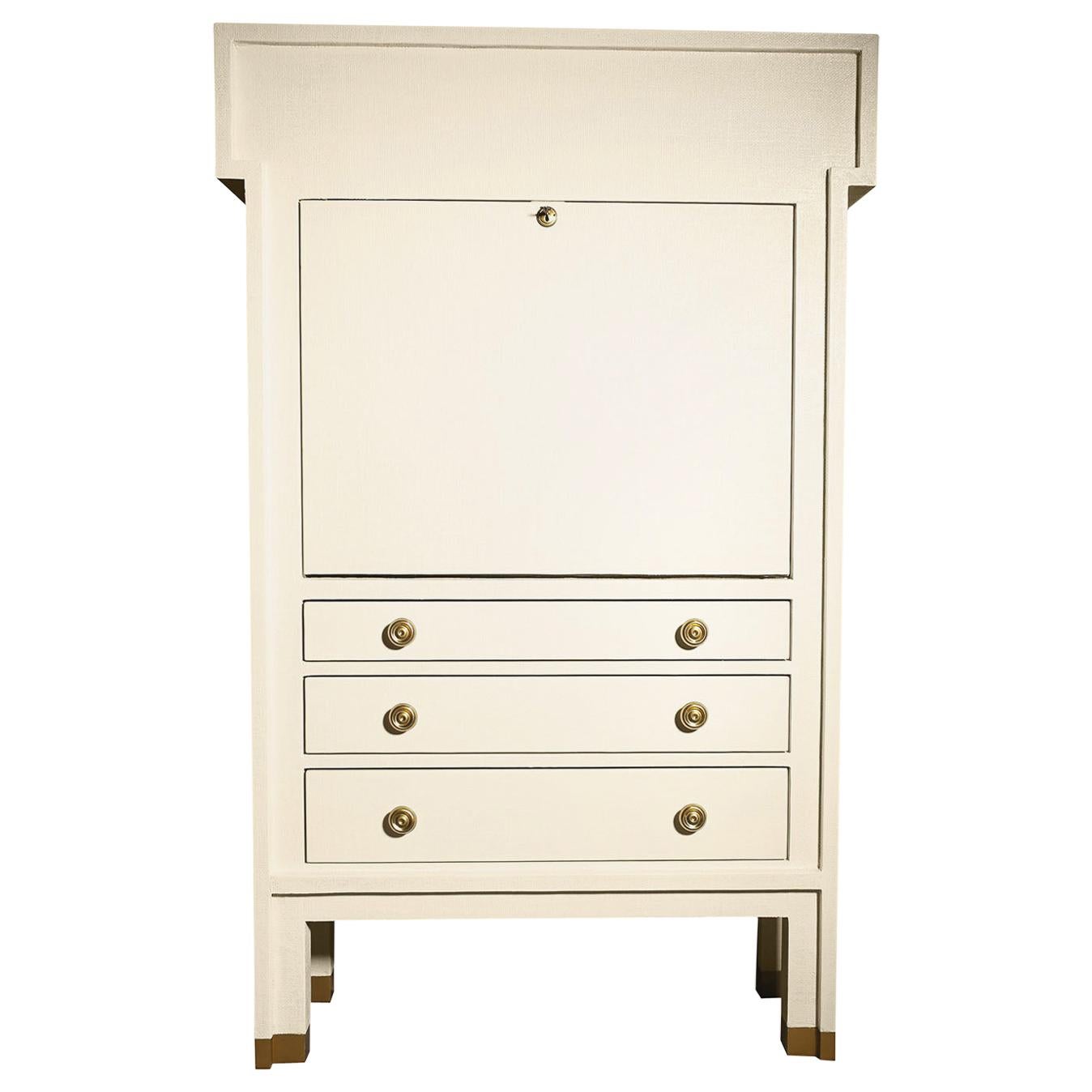 Traditional Secrétaire Pull-Down Writing Desk Ivory-Lacquered Linen Handcrafted For Sale