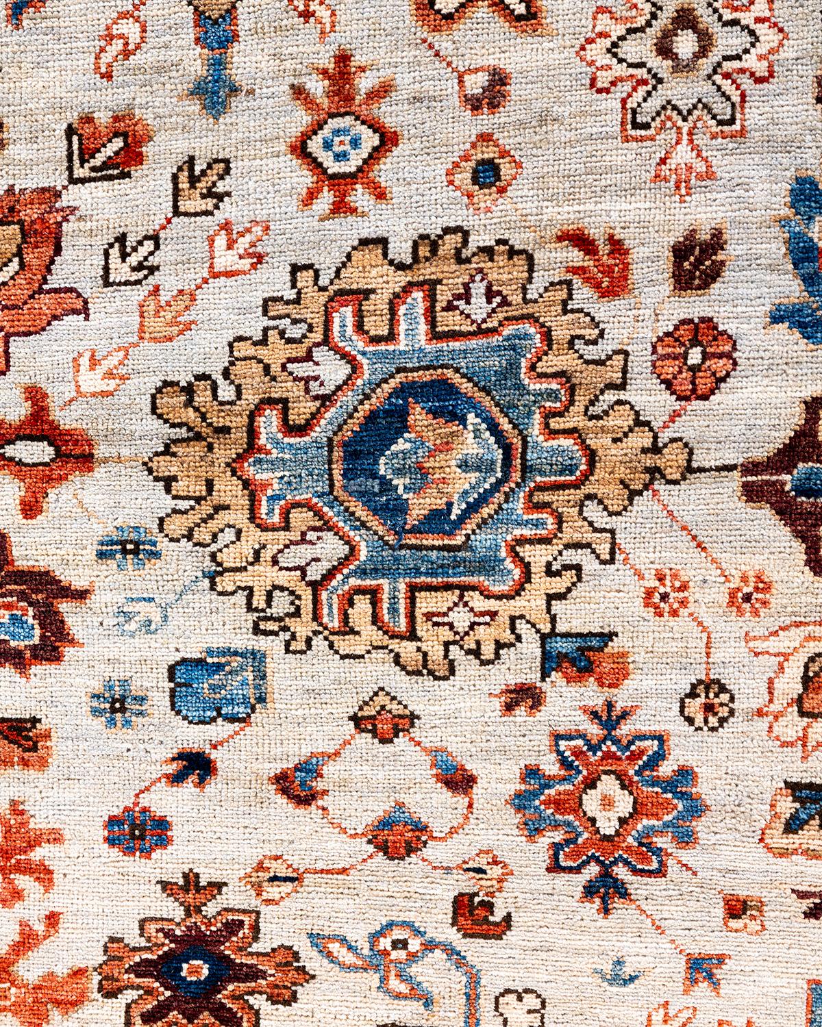 Pakistanais Traditional Serapi Tapis de zone en laine beige noué à la main 8' 9