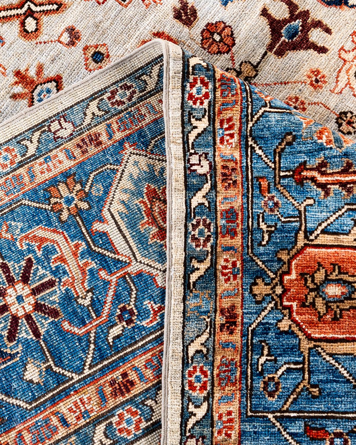 XXIe siècle et contemporain Traditional Serapi Tapis de zone en laine beige noué à la main 8' 9