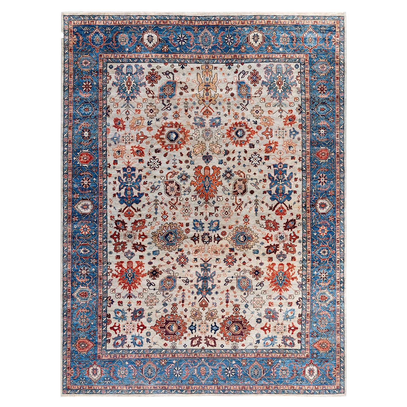 Traditional Serapi Tapis de zone en laine beige noué à la main 8' 9" x 11' 9"
