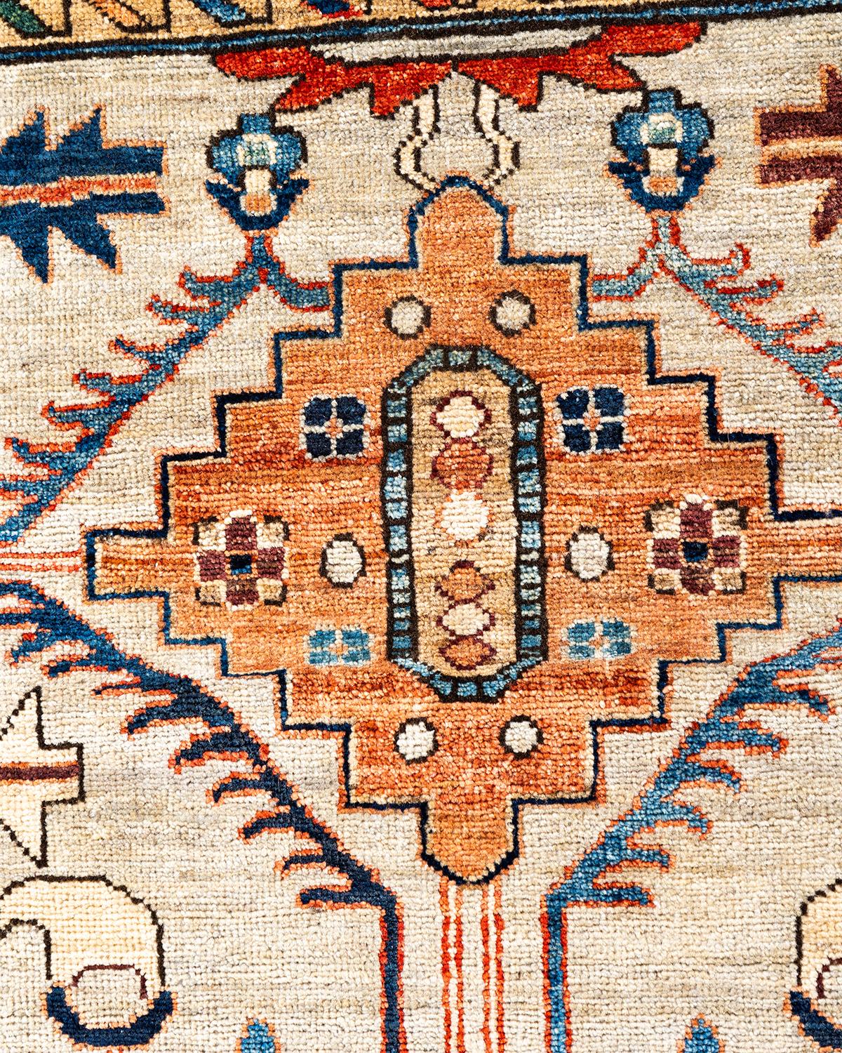 Pakistani Traditional Serapi Hand Knotted Wool Beige Area Rug For Sale