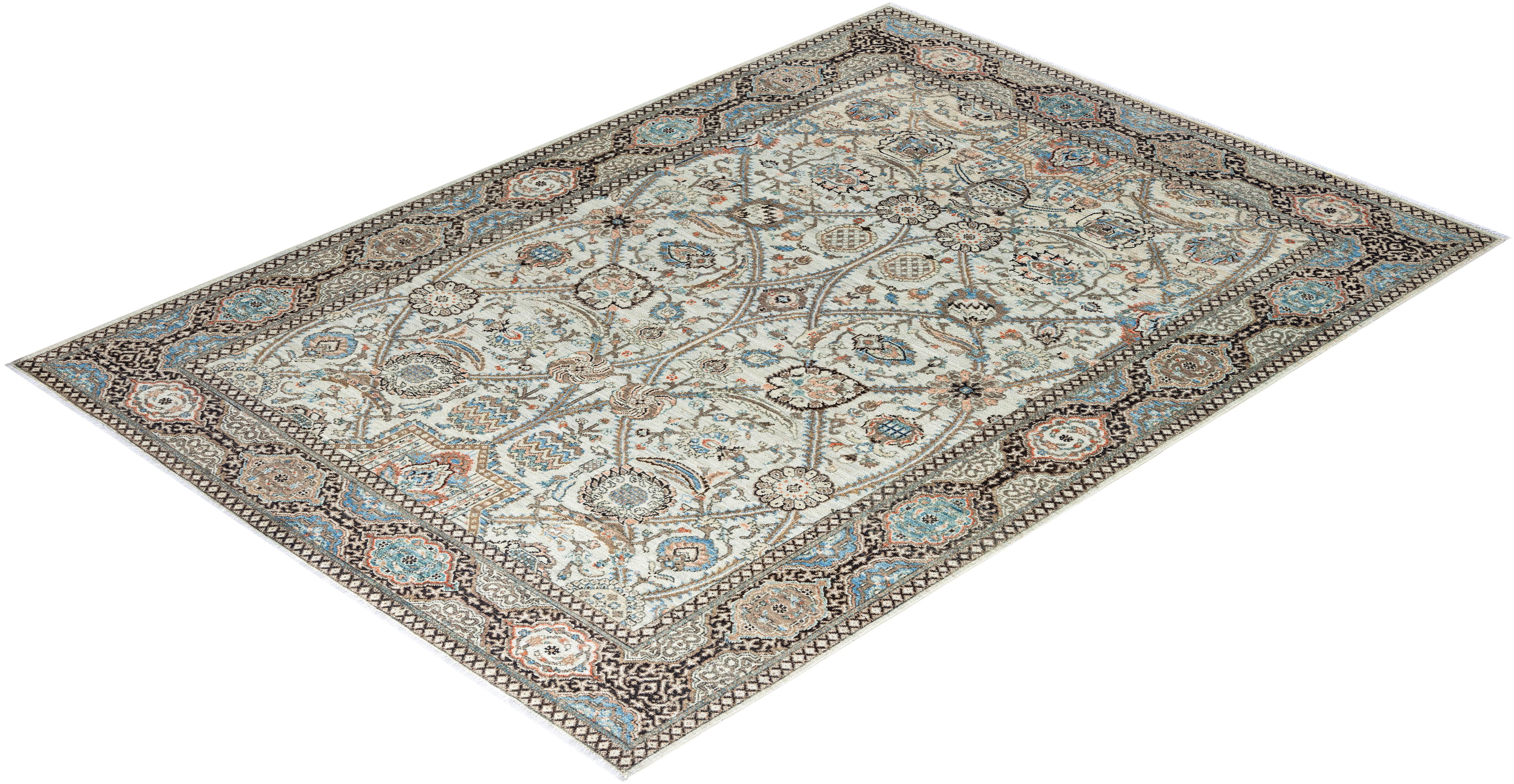  Traditional Serapi Hand Knotted Wool Beige Area Rug For Sale 3
