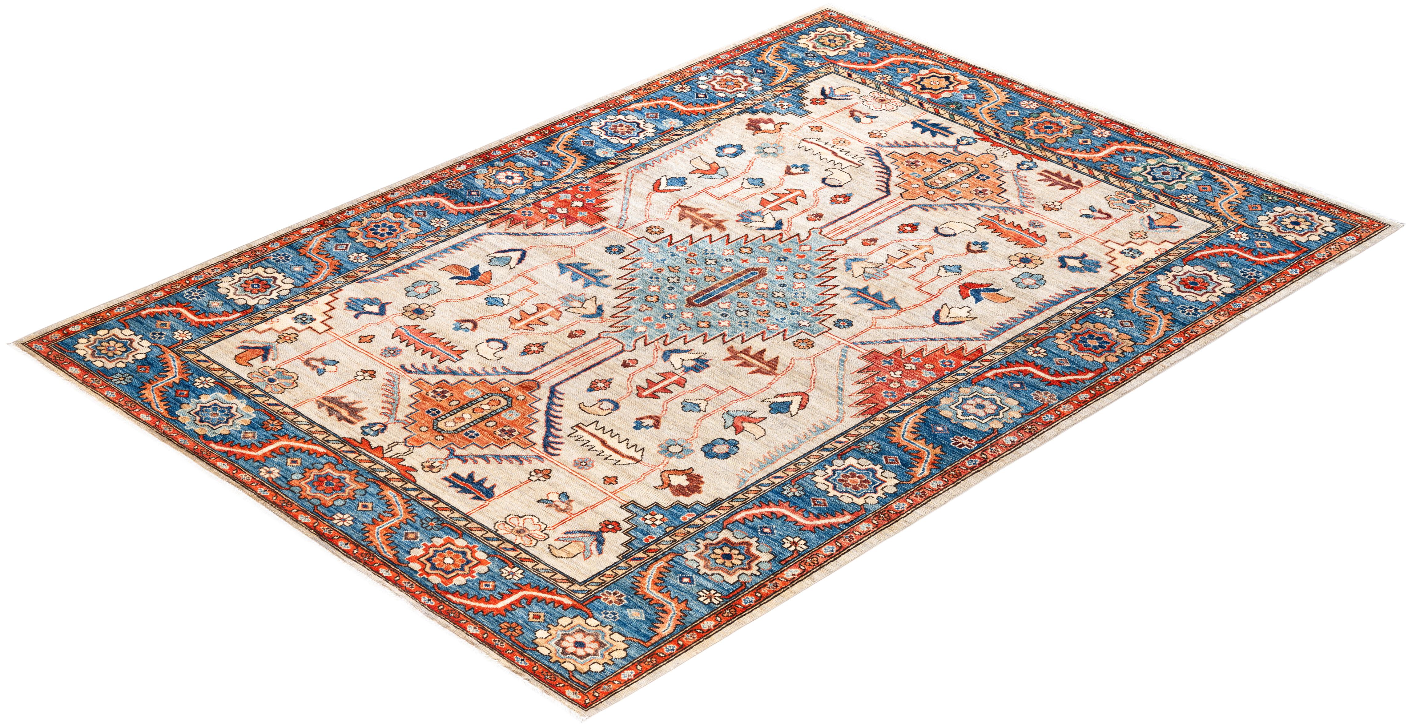 Traditional Serapi Hand Knotted Wool Beige Area Rug For Sale 3