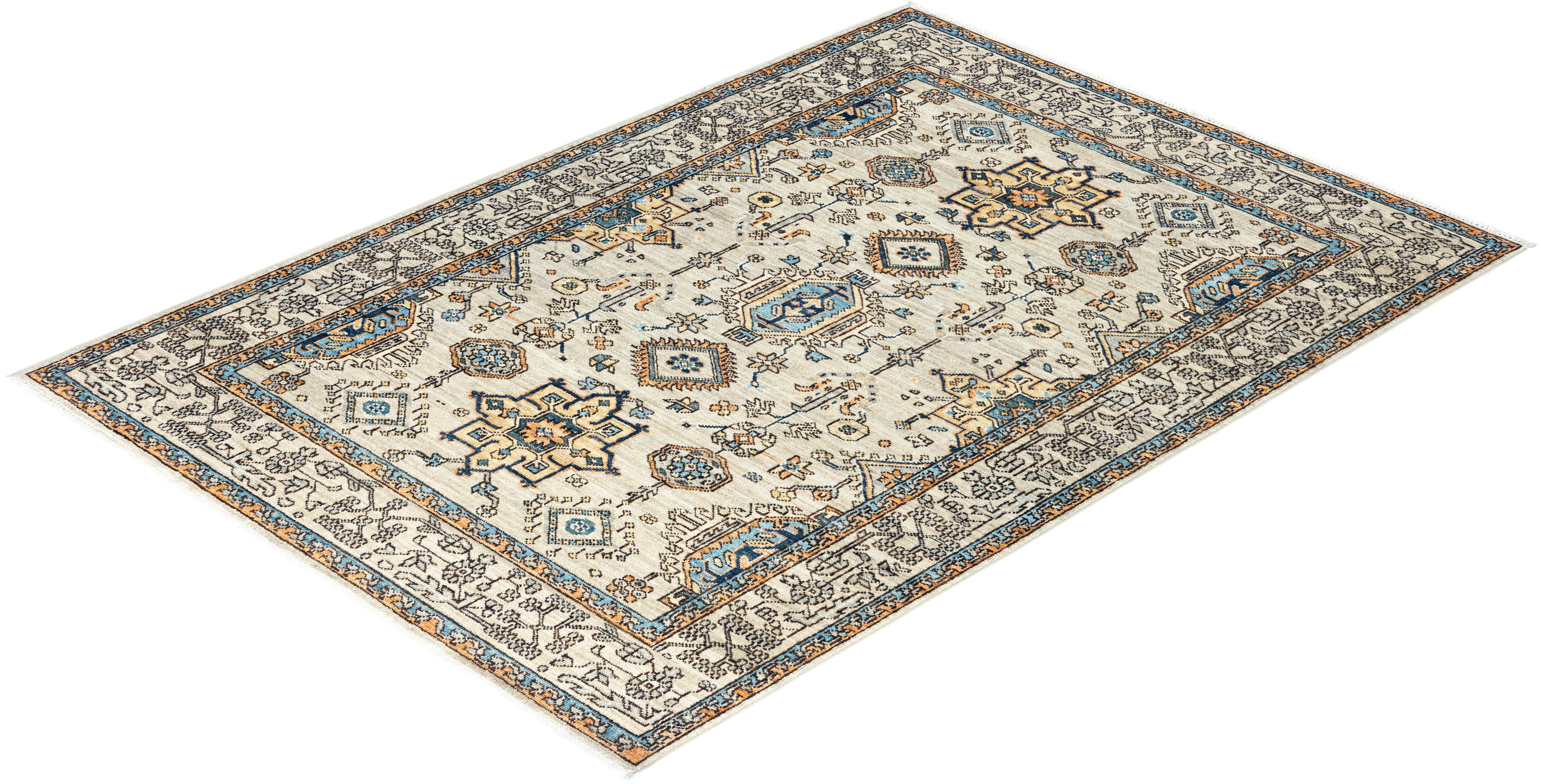  Traditional Serapi Hand Knotted Wool Beige Area Rug For Sale 3