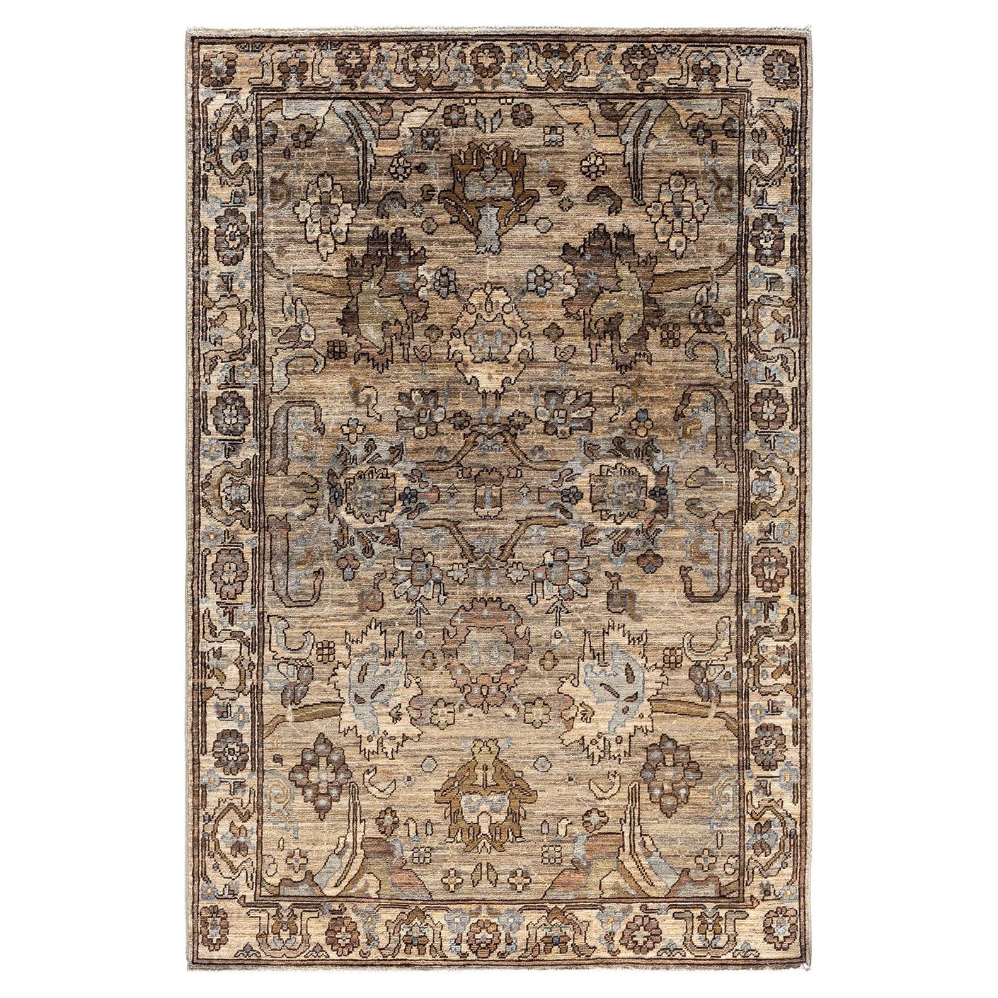 Tapis traditionnel Serapi noué à la main en laine beige 