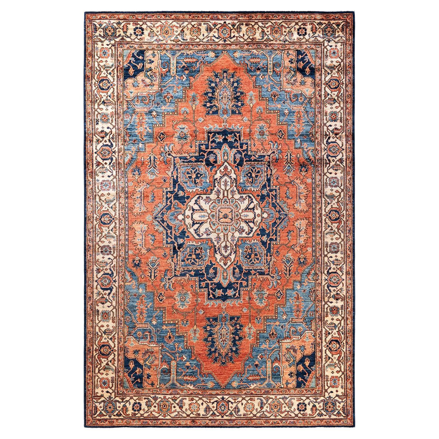  Traditional Serapi Hand Knotted Wool Black Area Rug For Sale