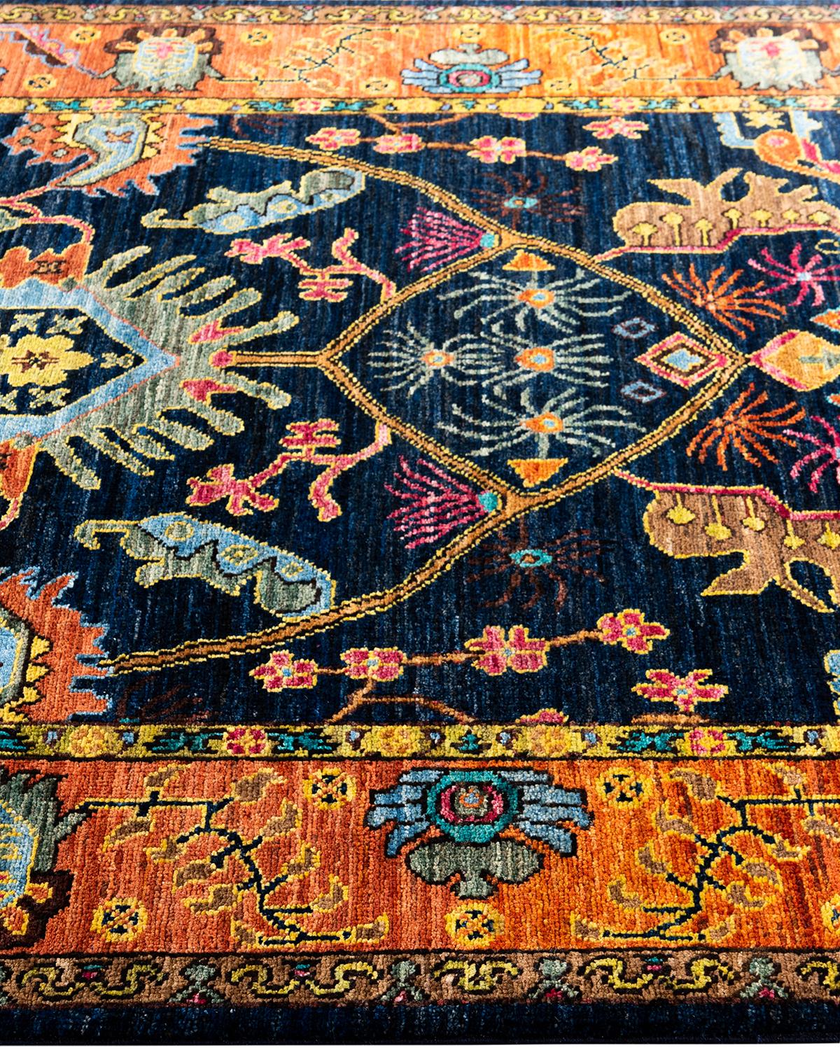 Tapis traditionnel Serapi noué à la main bleu de 4' 2