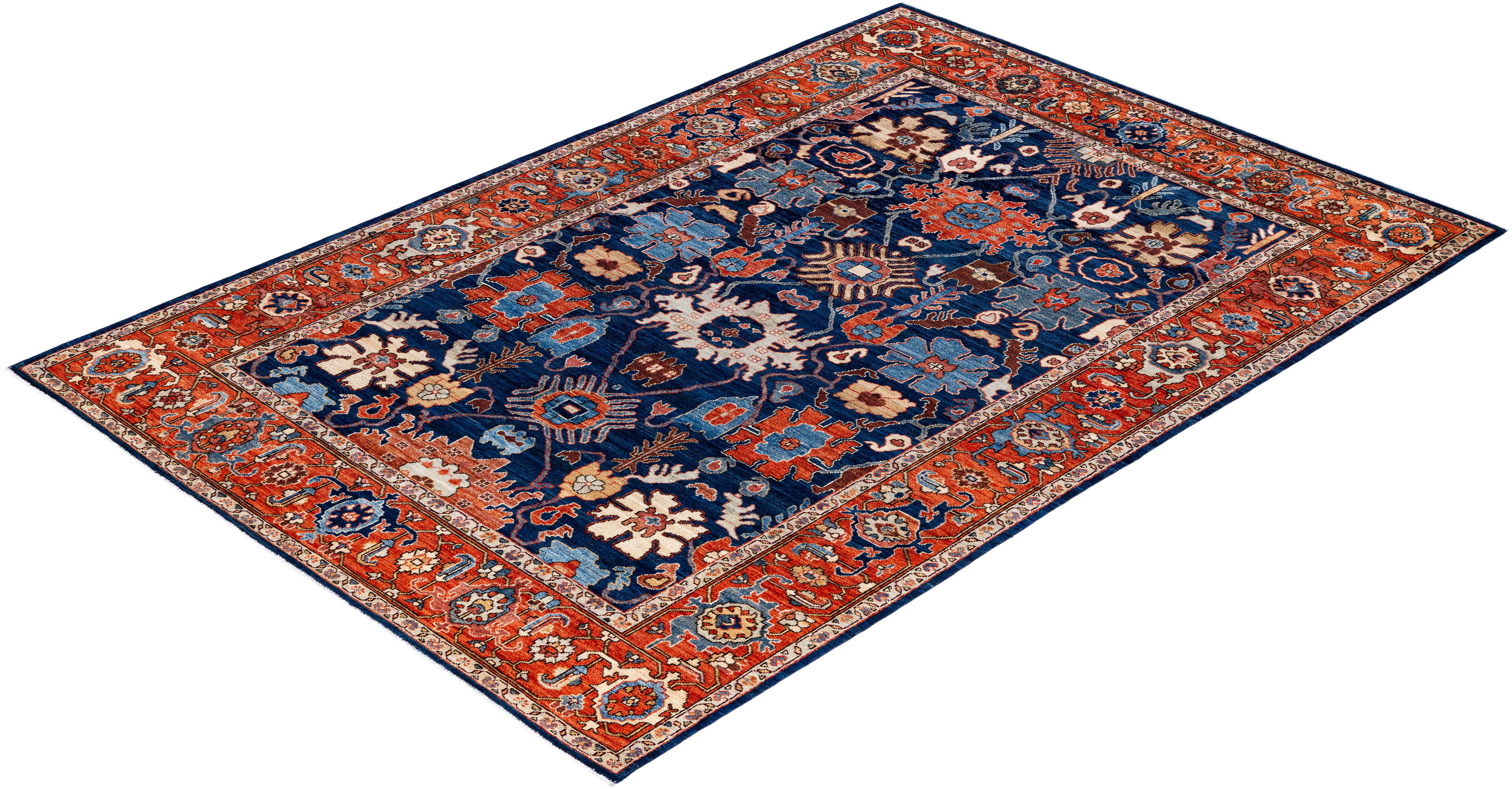 Traditioneller handgeknüpfter blauer Serapi-Teppich aus Wolle 6' 1
