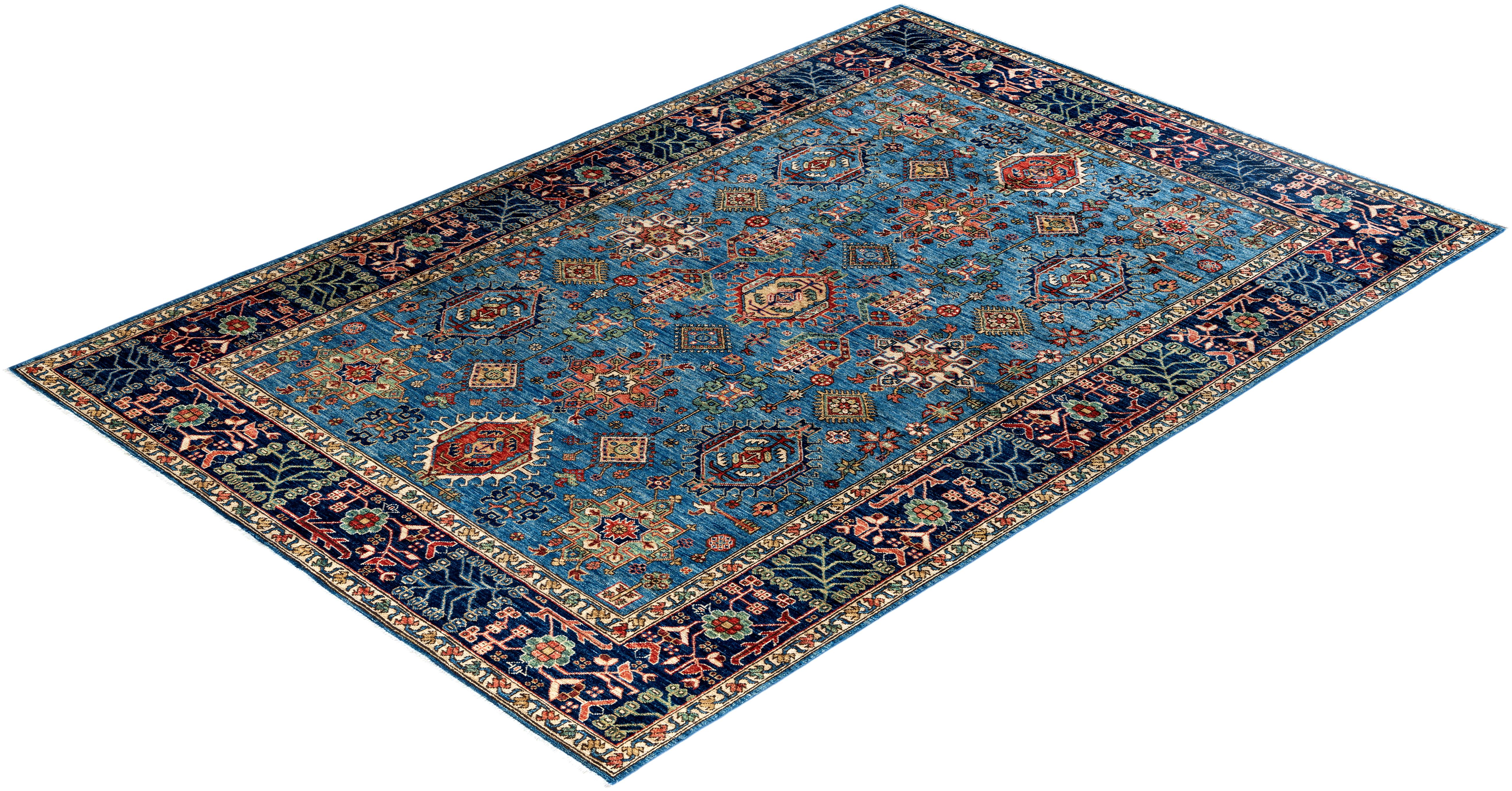 Tapis traditionnel Serapi noué à la main bleu de 6' 2