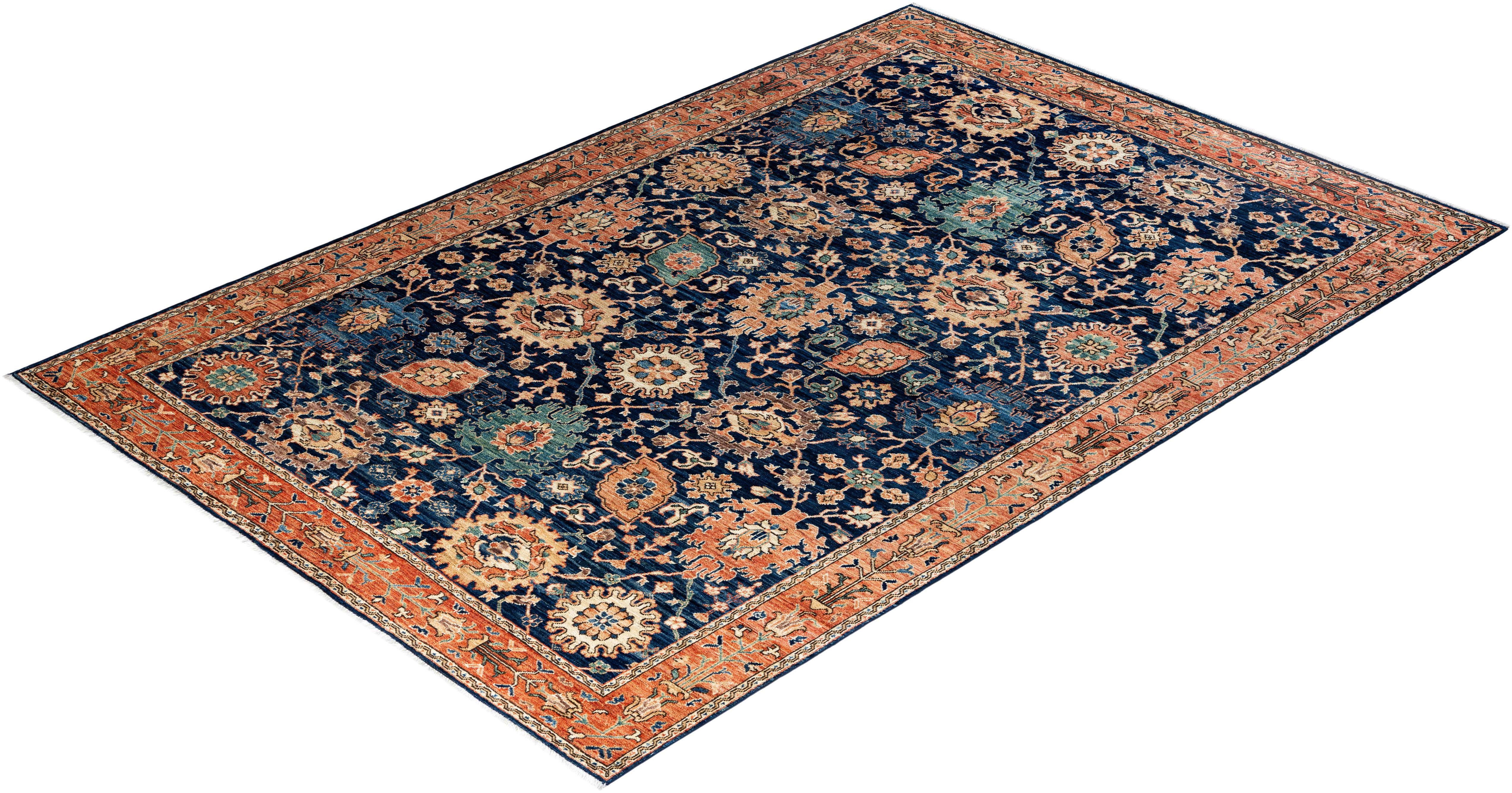 Tapis traditionnel Serapi noué à la main bleu de 6' 2