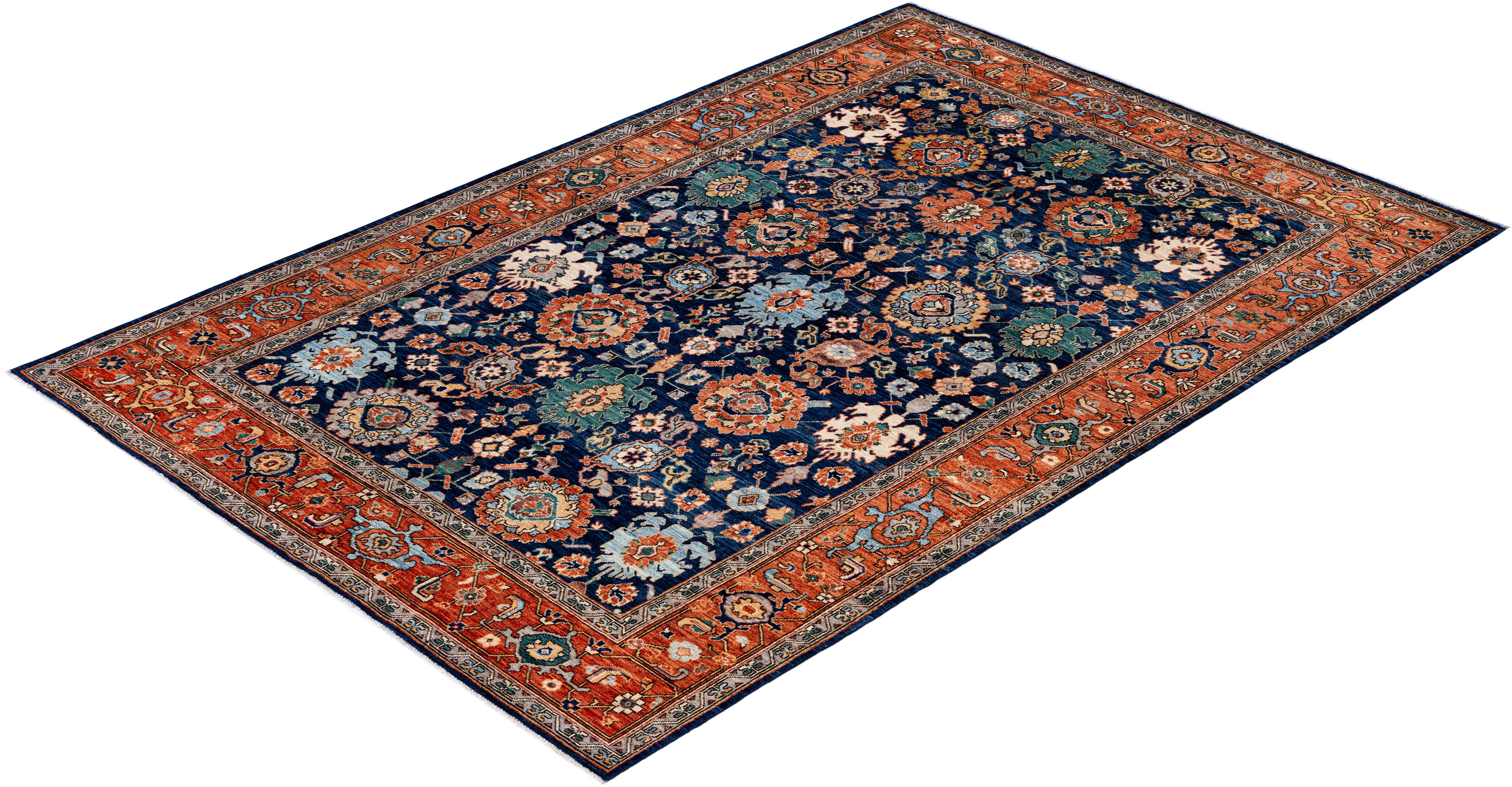 Tapis traditionnel Serapi noué à la main bleu de 6' 4