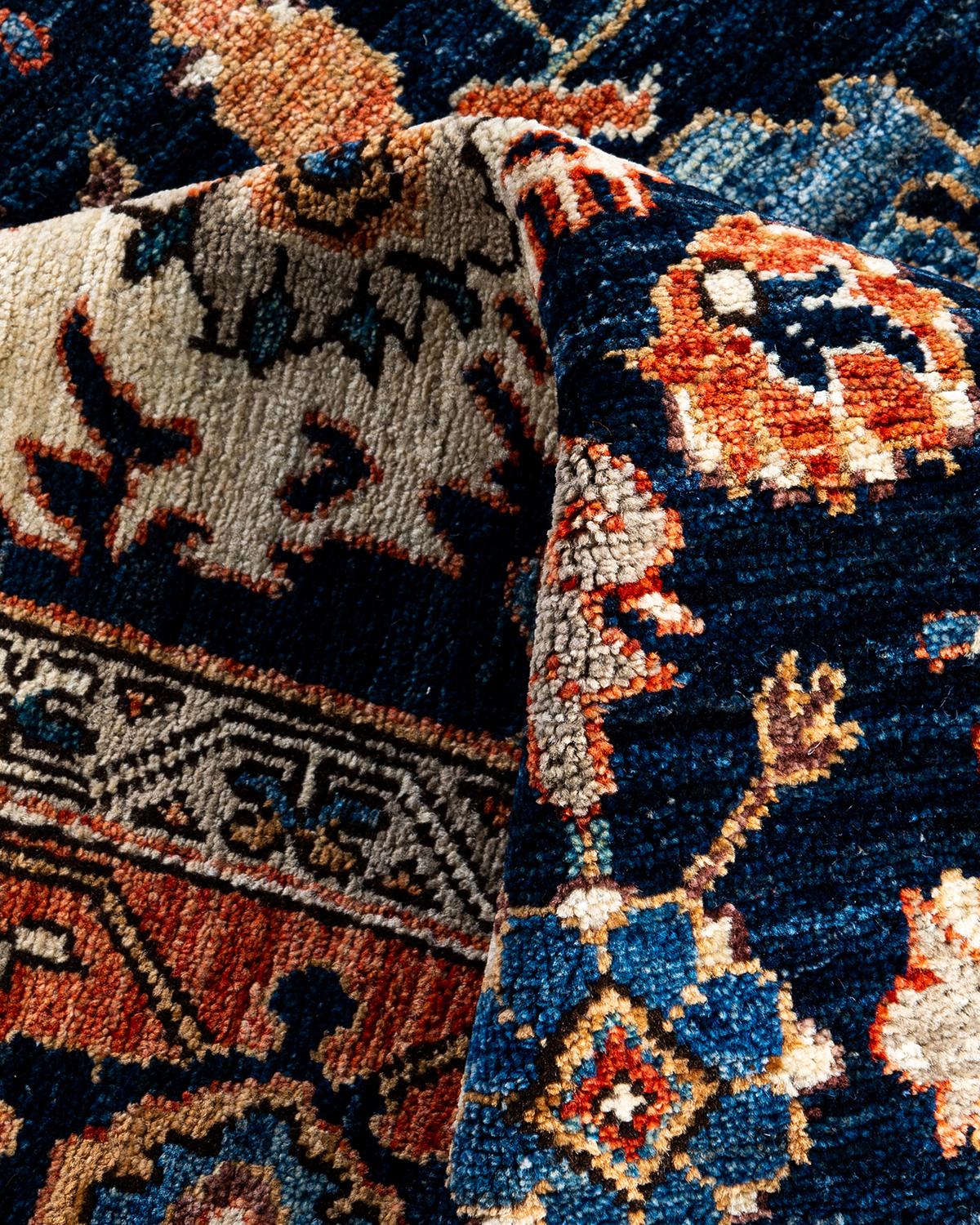 Tapis traditionnel Serapi noué à la main bleu de 6' 5