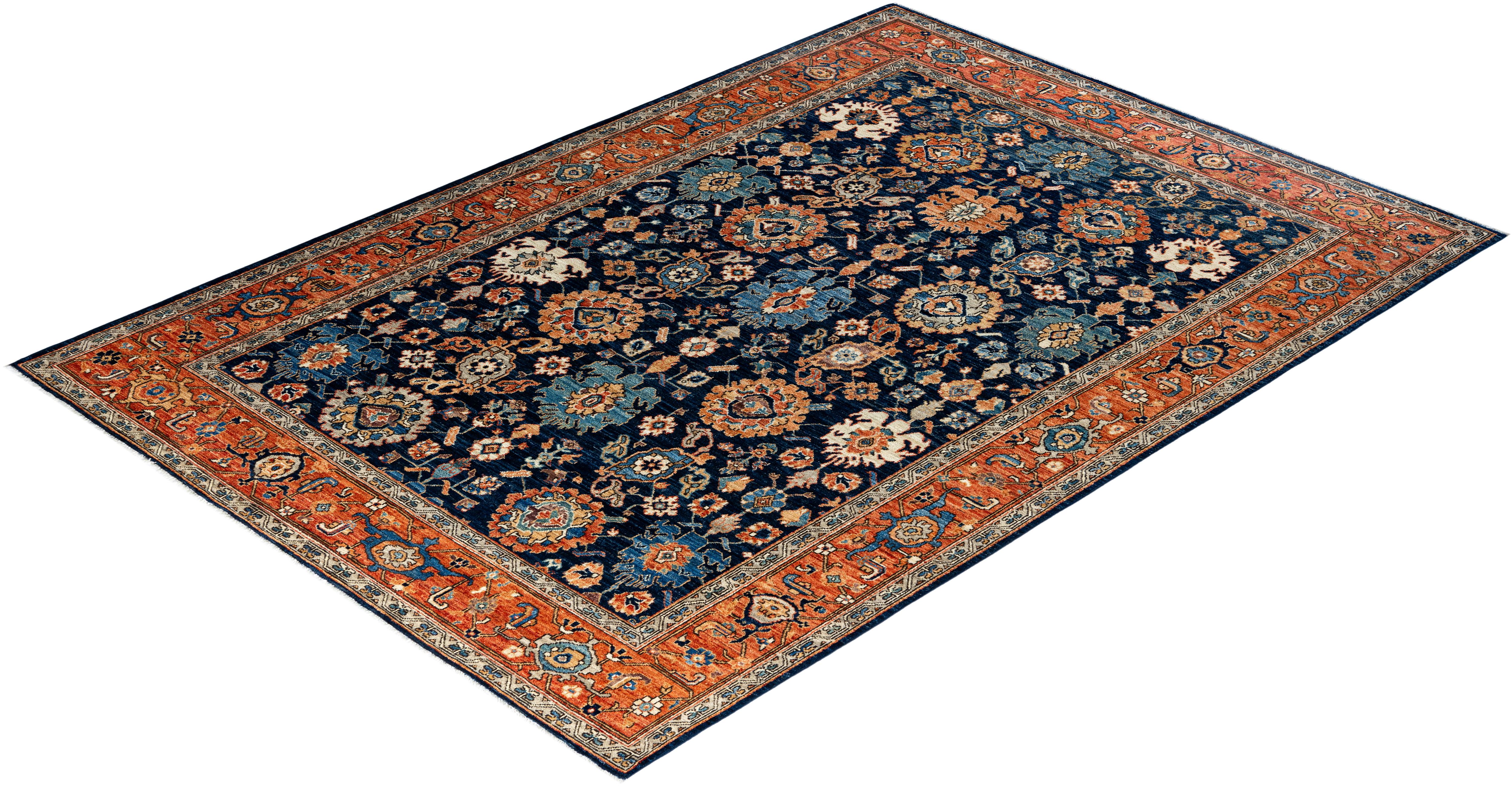 Tapis traditionnel Serapi noué à la main bleu de 6' 5