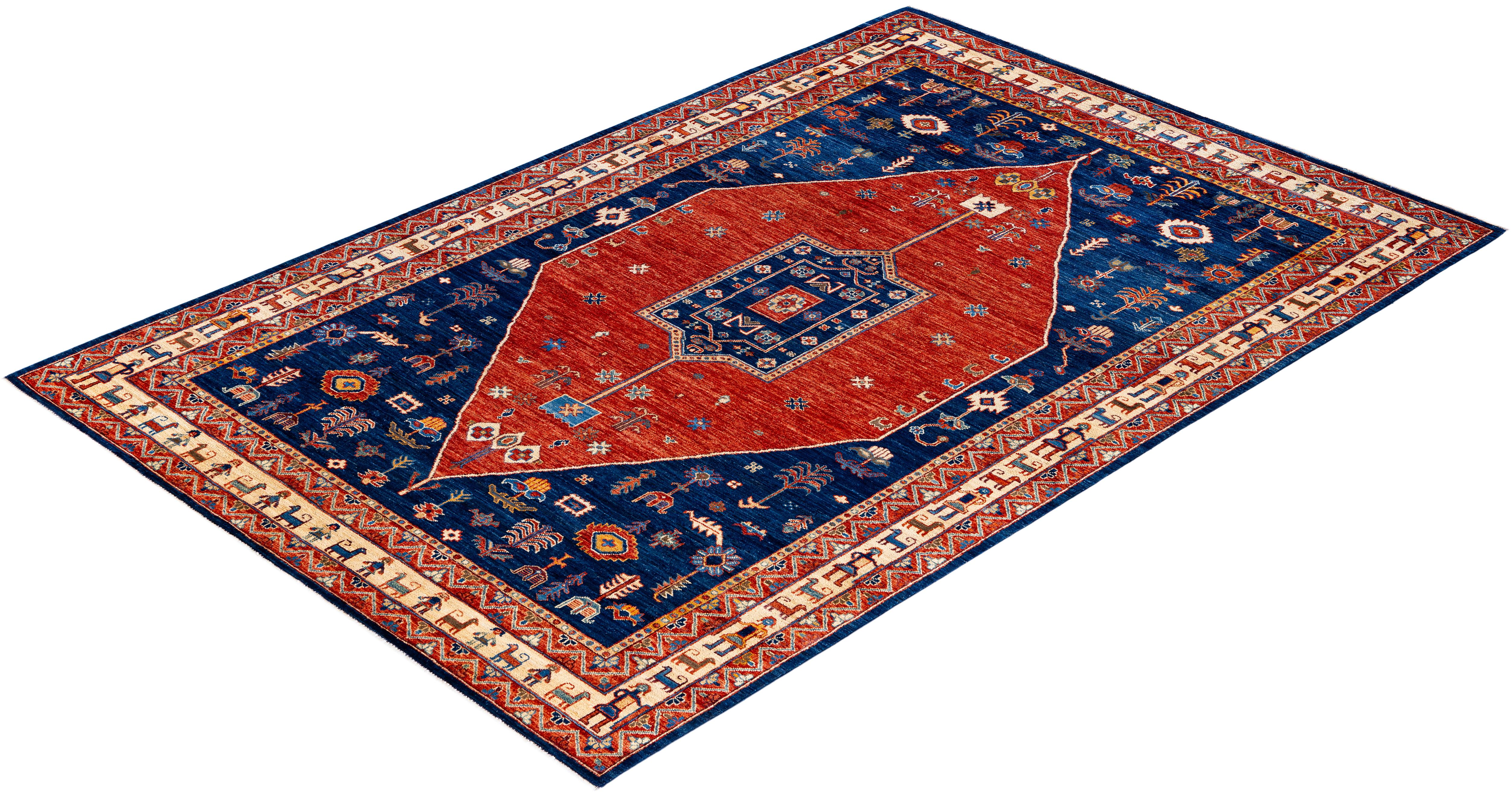 Tapis traditionnel Serapi noué à la main bleu de 6' 6