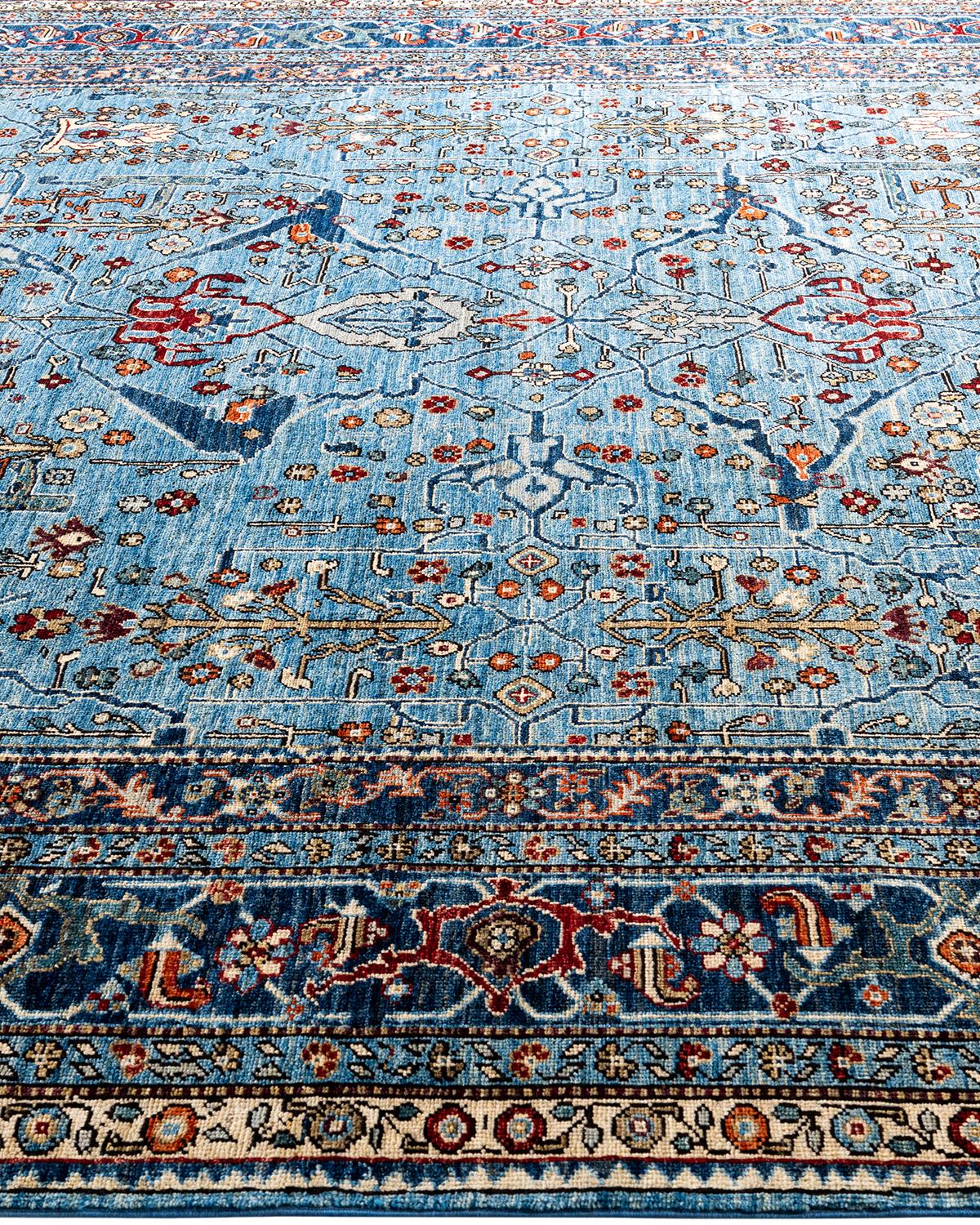 Alfombra tradicional Serapi de lana anudada a mano azul 7' 10