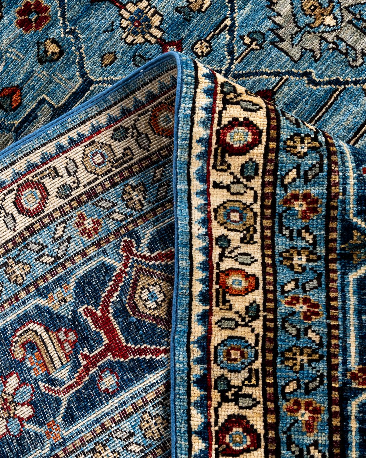 Alfombra tradicional Serapi de lana anudada a mano azul 7' 10
