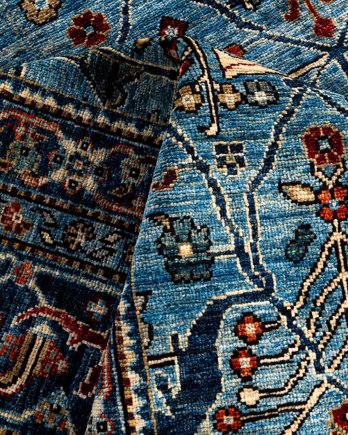 Alfombra tradicional Serapi de lana anudada a mano azul 7' 10